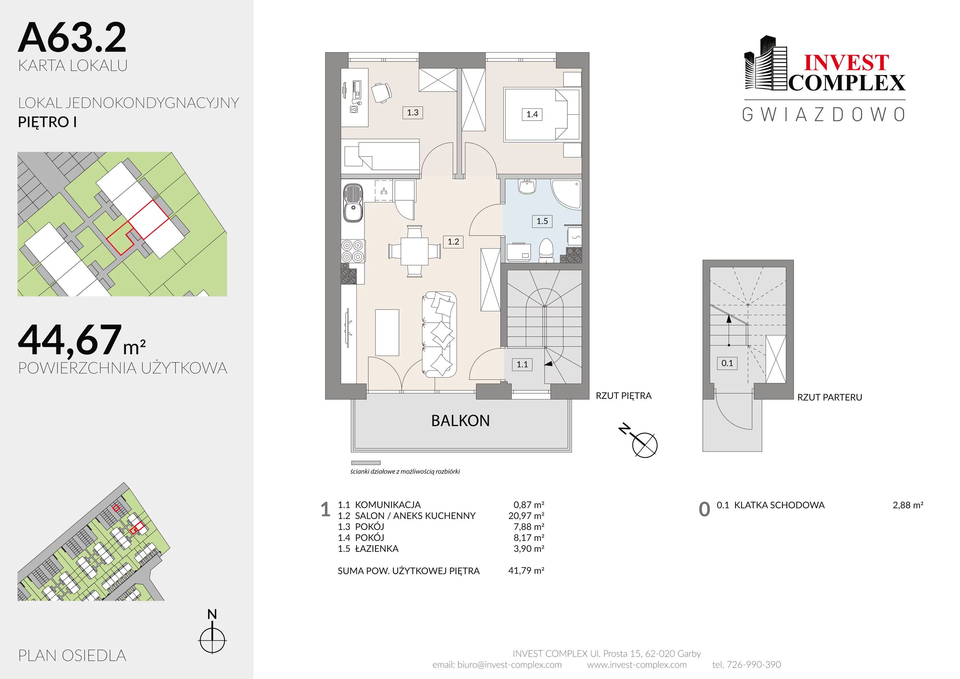 3 pokoje, mieszkanie 44,67 m², piętro 1, oferta nr A63/2, Osiedle Gwiazdowo, Gwiazdowo, ul. Półwiejska