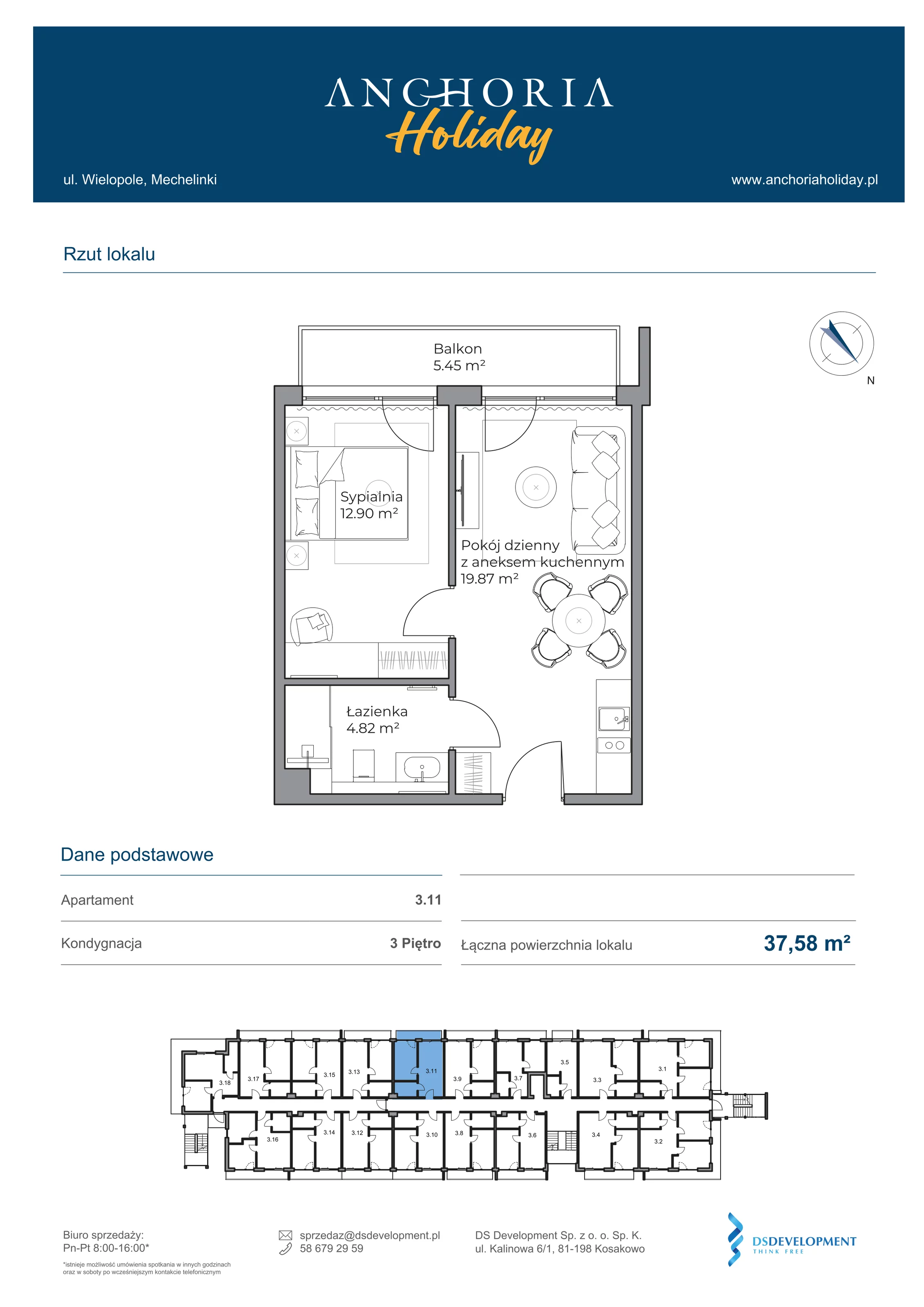 Apartament inwestycyjny 37,59 m², piętro 3, oferta nr B_3_11, Anchoria Holiday, Mechelinki, ul. Wielopole 36