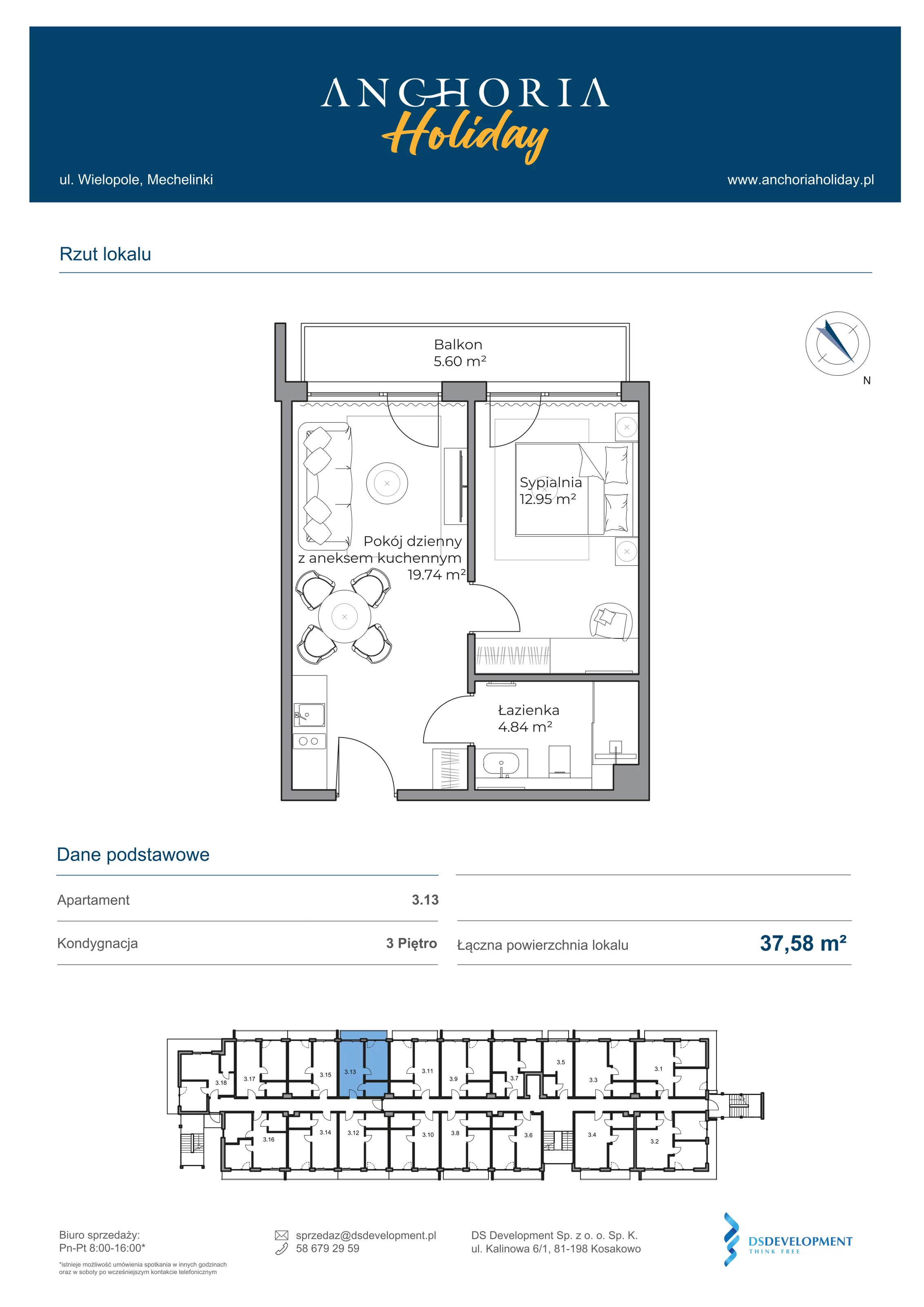 Apartament inwestycyjny 37,53 m², piętro 3, oferta nr B_3_13, Anchoria Holiday, Mechelinki, ul. Wielopole 36