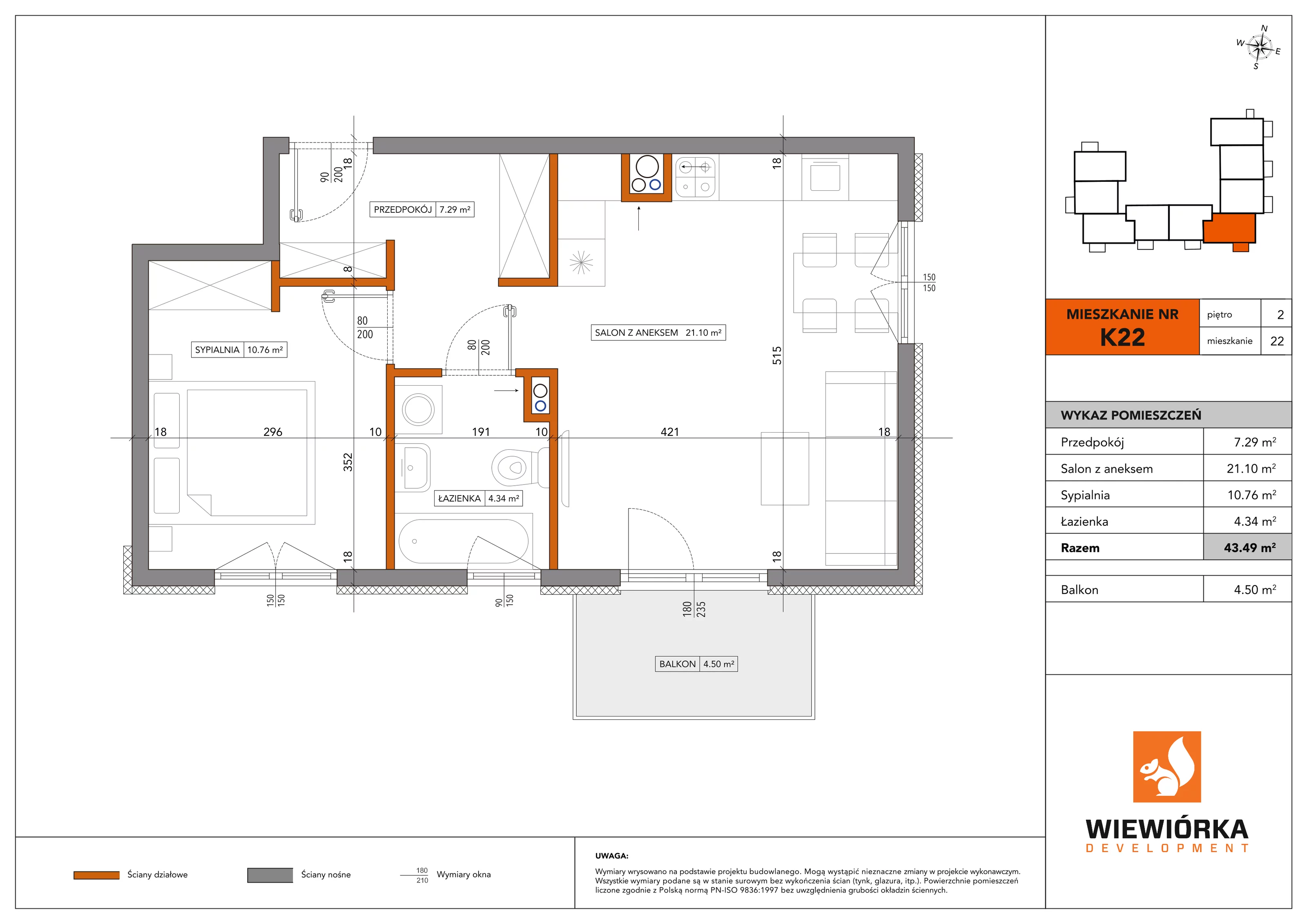 2 pokoje, mieszkanie 43,49 m², piętro 2, oferta nr K22, Nowa Sportowa, Brwinów, ul. Sportowa