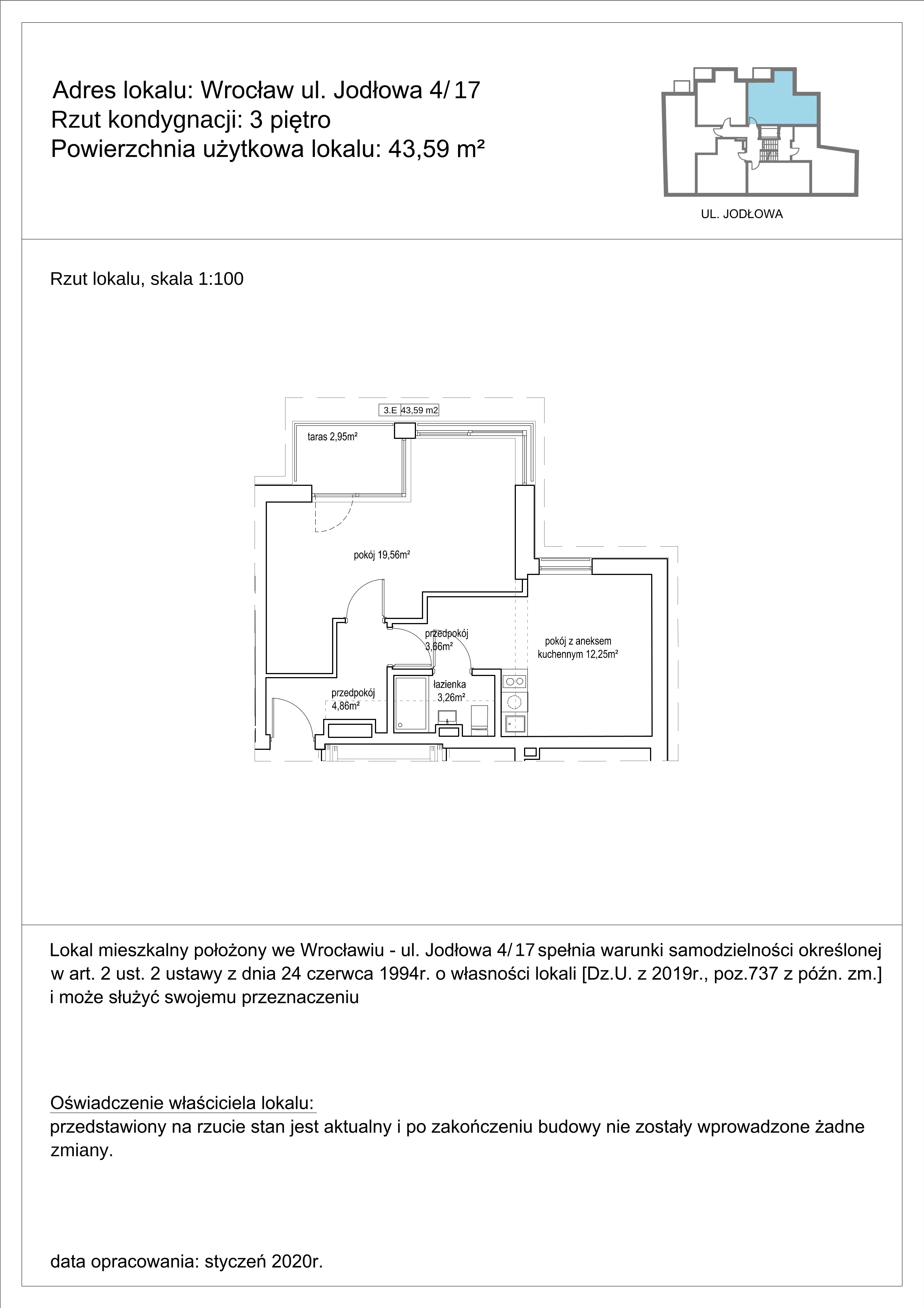 2 pokoje, mieszkanie 43,59 m², piętro 3, oferta nr 17, Apartamenty NowyTarg, Wrocław, Stare Miasto, ul. Jodłowa
