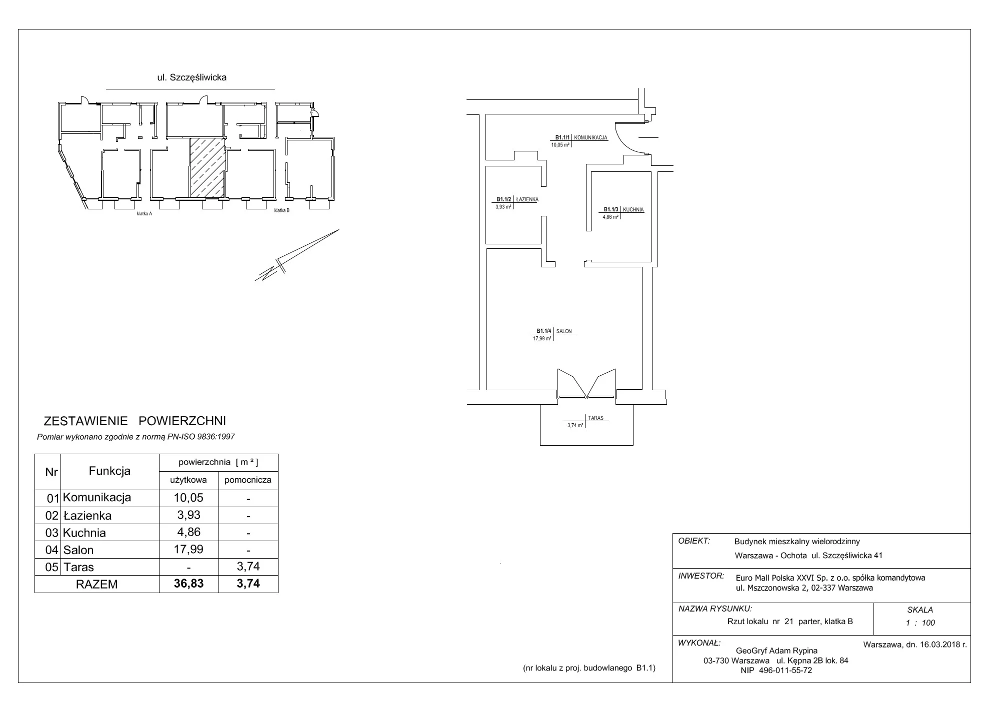 1 pokój, mieszkanie 36,83 m², parter, oferta nr 21, Szczęśliwicka 41, Warszawa, Ochota, Szczęśliwice, ul. Szczęśliwicka 41