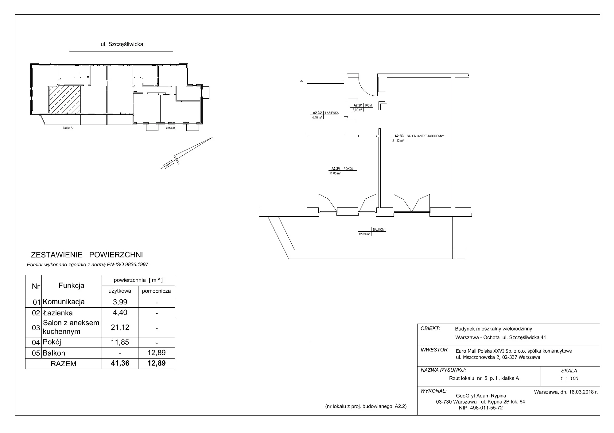 2 pokoje, mieszkanie 41,36 m², piętro 1, oferta nr 5, Szczęśliwicka 41, Warszawa, Ochota, Szczęśliwice, ul. Szczęśliwicka 41