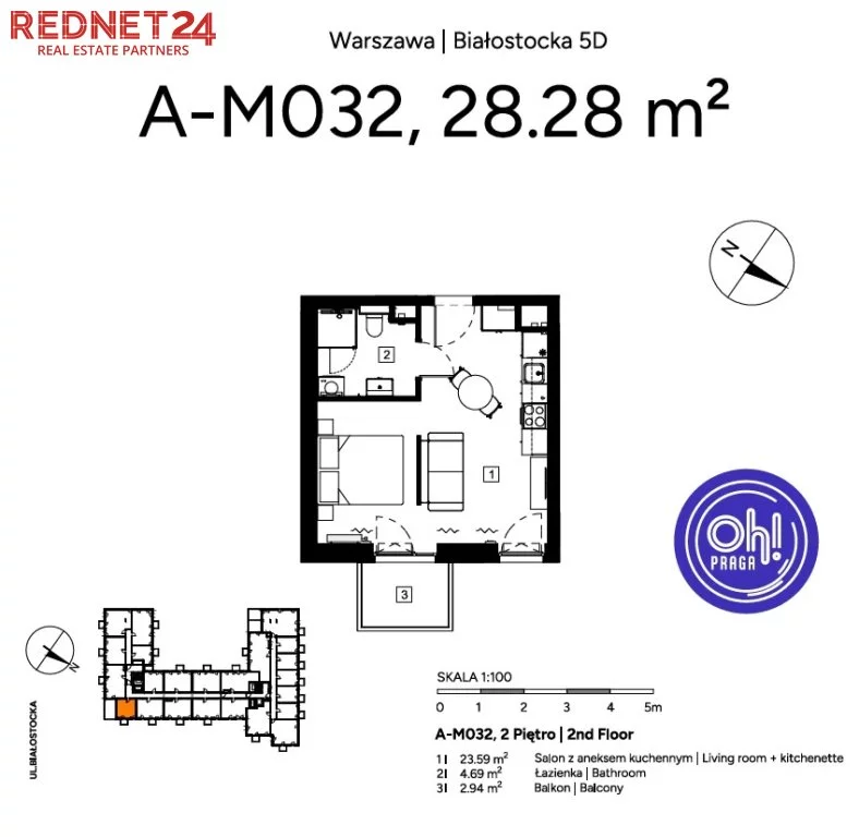 1 pokój, mieszkanie 28,28 m², piętro 2, oferta nr , MS-20198, Warszawa, Praga Północ, Praga Północ, Białostocka