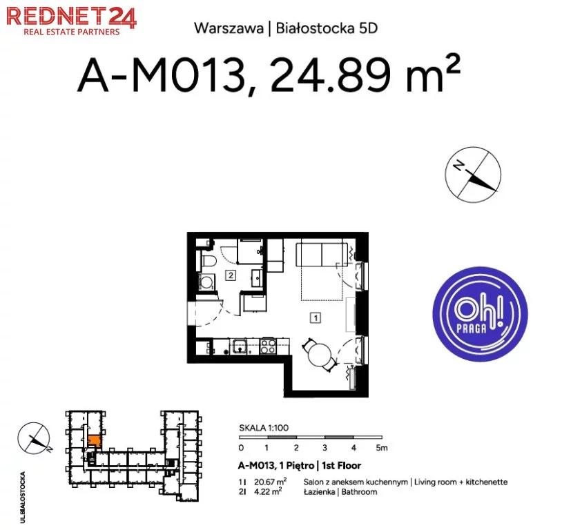 1 pokój, mieszkanie 24,89 m², piętro 1, oferta nr , MS-20204, Warszawa, Praga Północ, Praga Północ, Białostocka