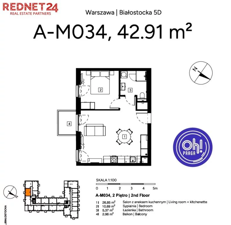 2 pokoje, mieszkanie 42,91 m², piętro 2, oferta nr , MS-20200, Warszawa, Praga Północ, Praga Północ, Białostocka