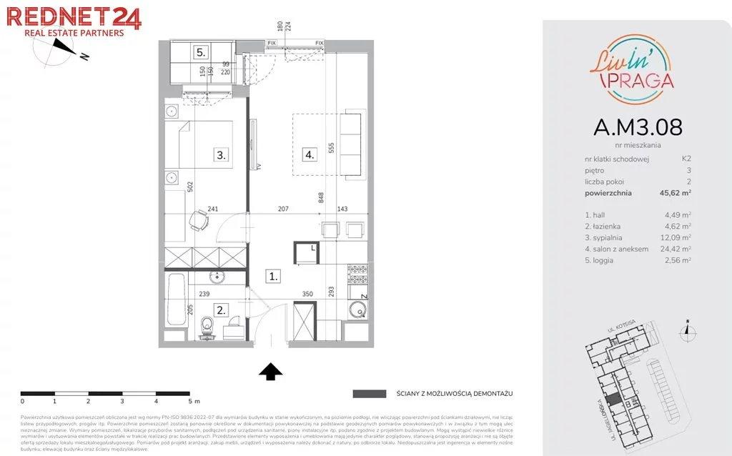 Mieszkanie na sprzedaż, 45,62 m², 2 pokoje, 3 piętro, oferta nr MS-20183