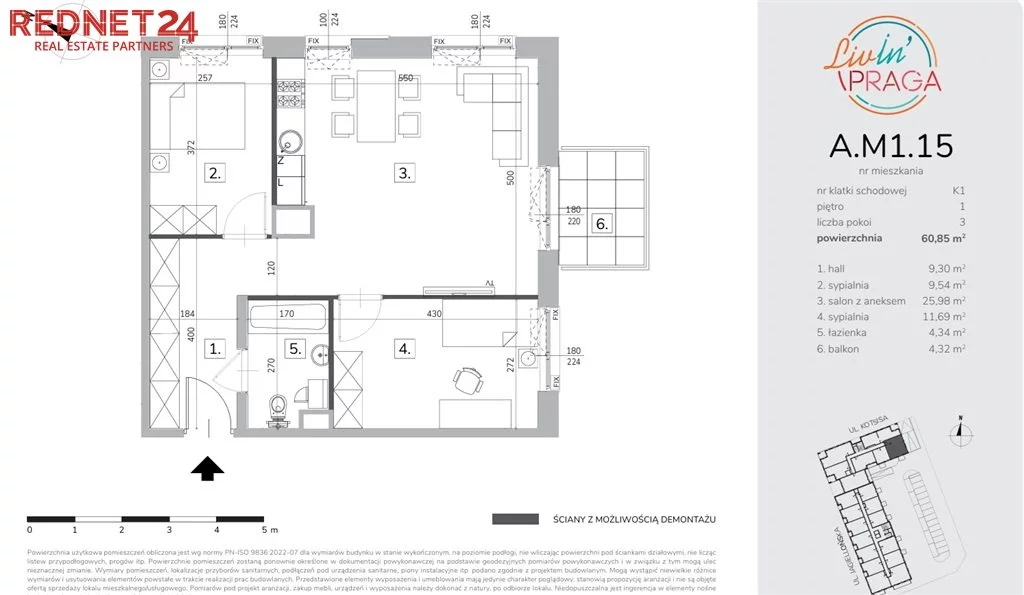 Mieszkanie na sprzedaż, 60,85 m², 3 pokoje, 1 piętro, oferta nr MS-20184