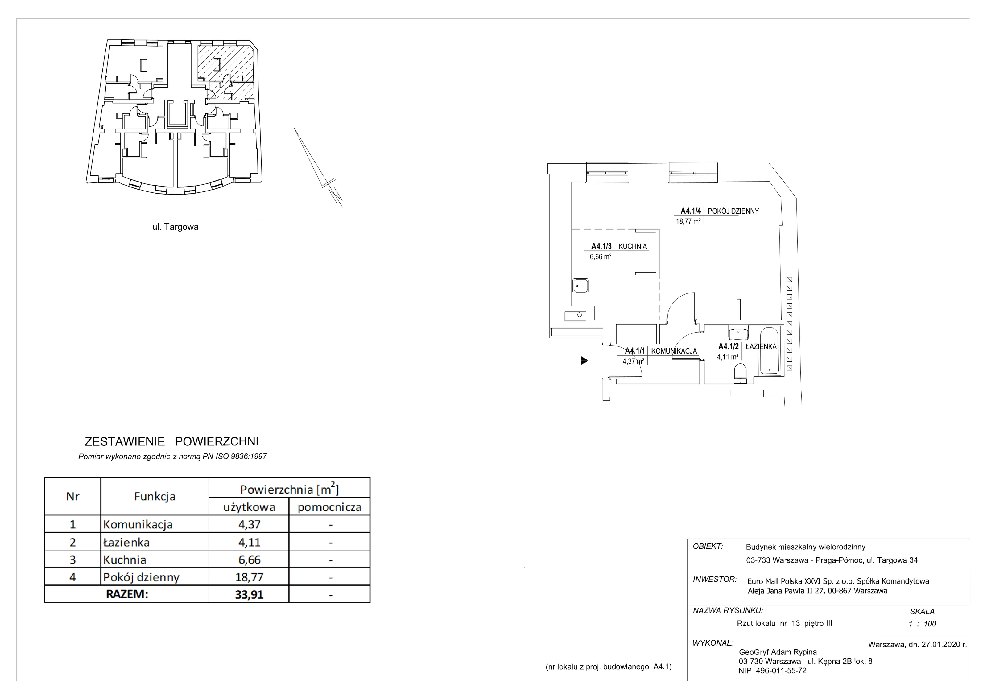 Mieszkanie 33,91 m², piętro 3, oferta nr 13, Targowa 34, Warszawa, Praga Północ, Stara Praga, ul. Targowa 34