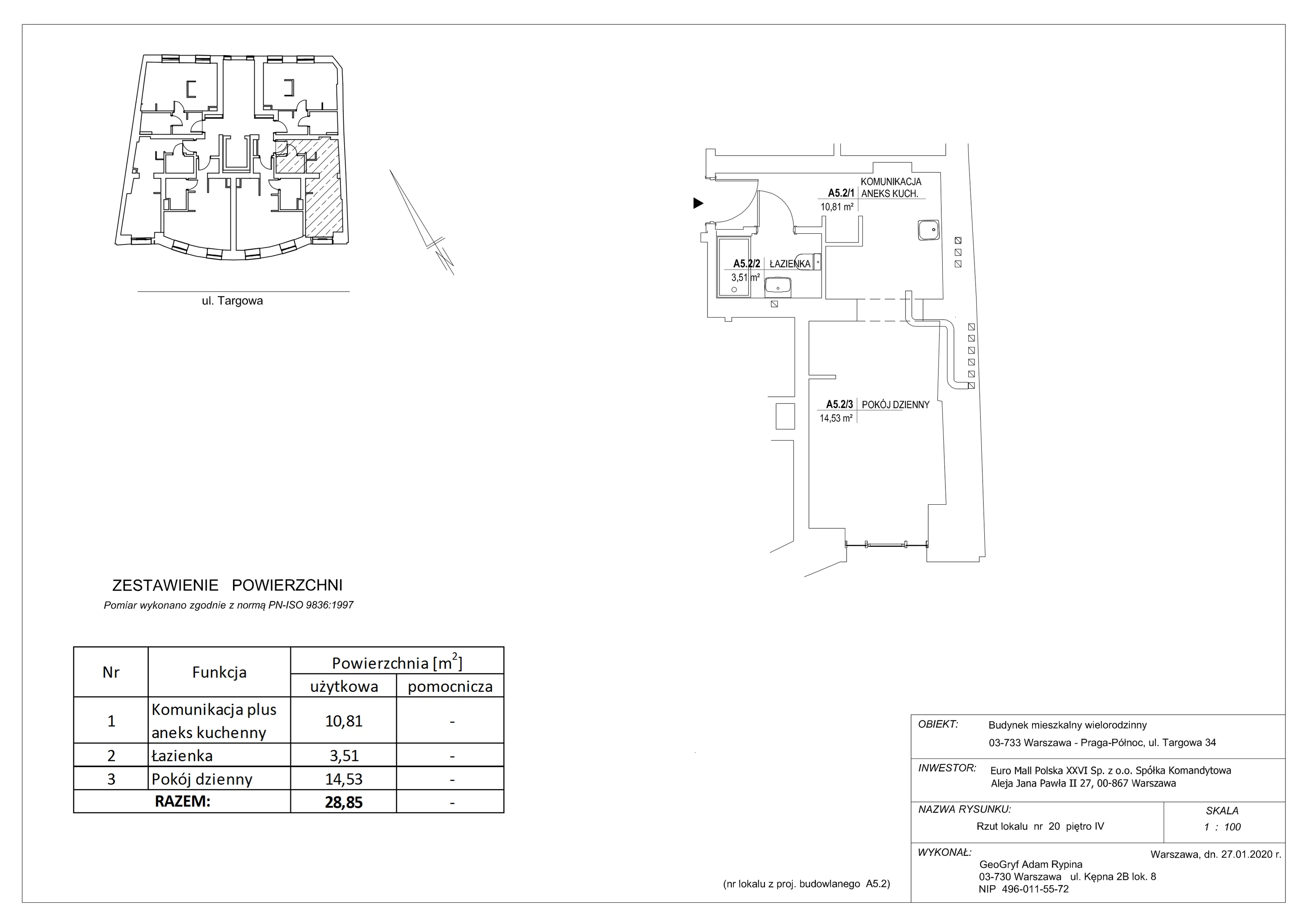 Mieszkanie 28,85 m², piętro 4, oferta nr 20, Targowa 34, Warszawa, Praga Północ, Stara Praga, ul. Targowa 34