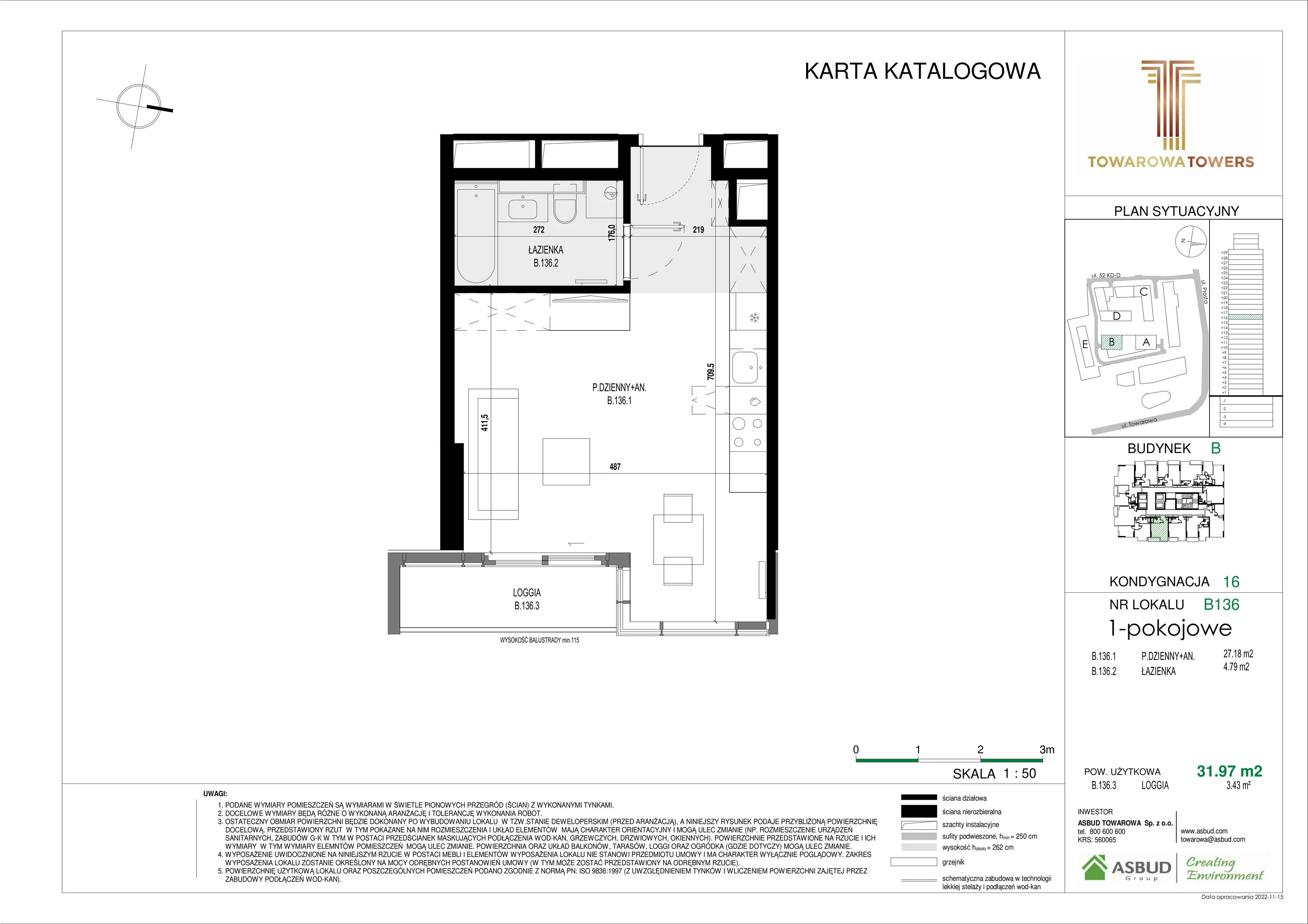 Mieszkanie 31,97 m², piętro 16, oferta nr B.136, Towarowa Towers, Warszawa, Wola, Czyste, ul. Towarowa