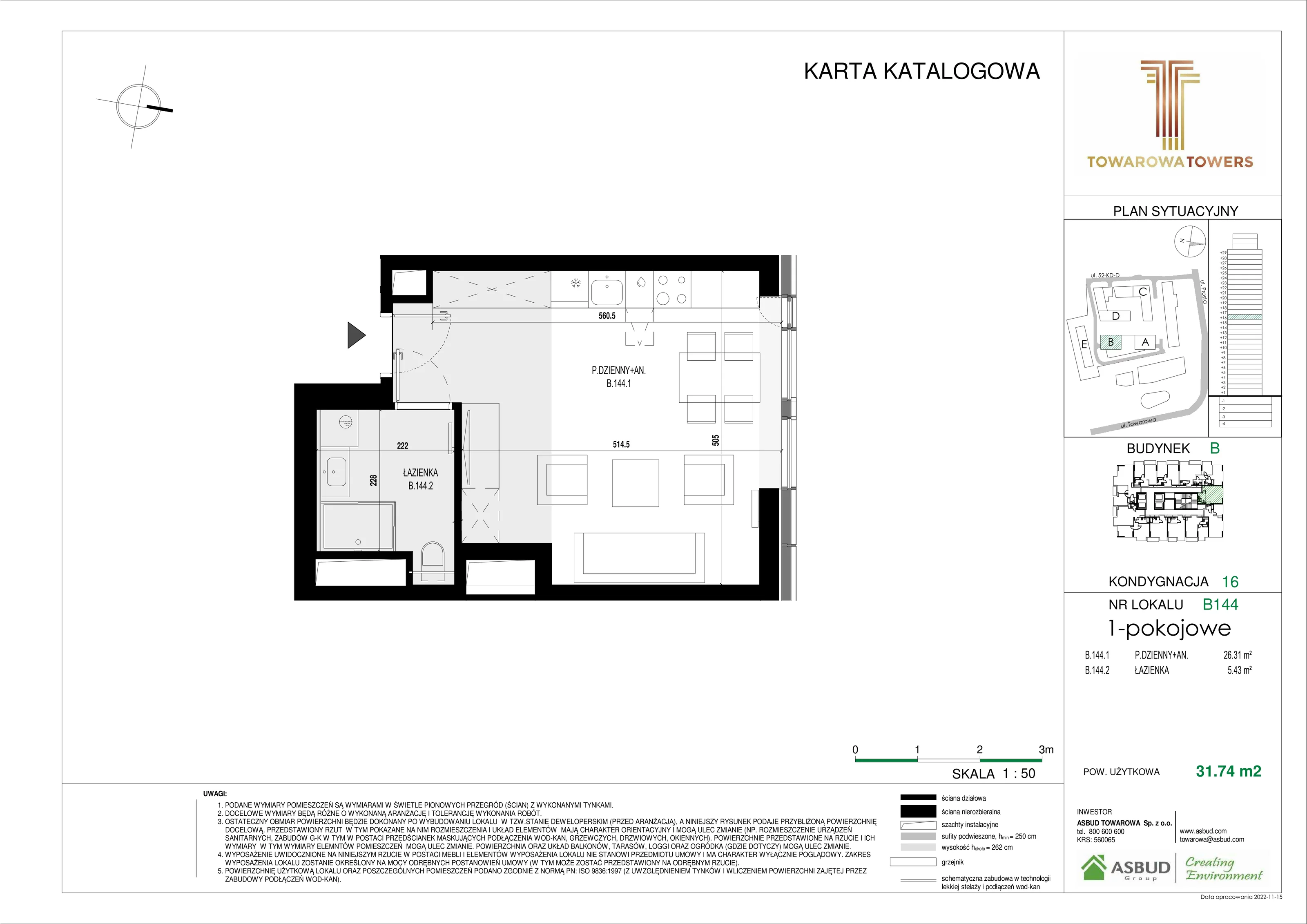 Mieszkanie 31,74 m², piętro 16, oferta nr B.144, Towarowa Towers, Warszawa, Wola, Czyste, ul. Towarowa