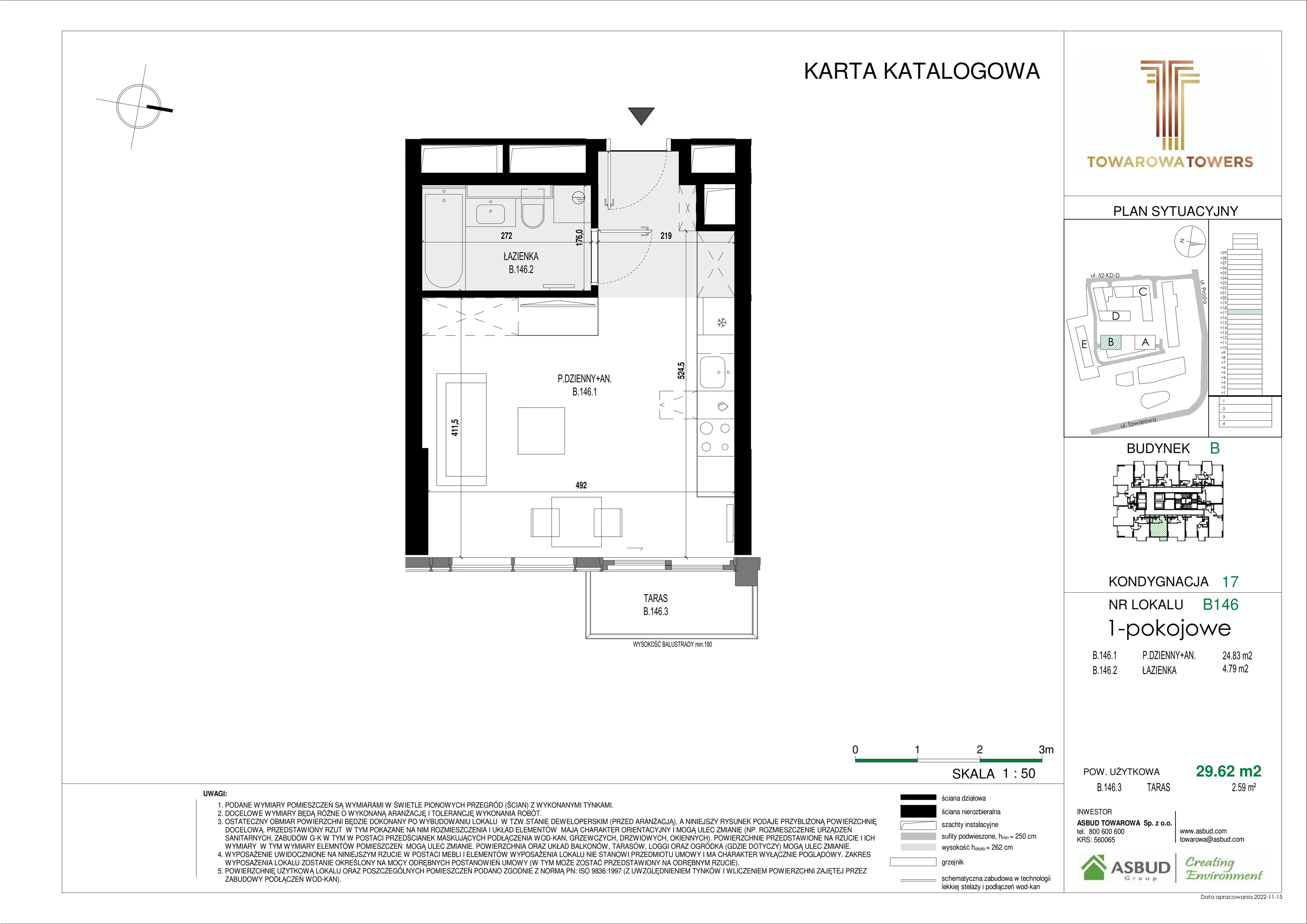 Mieszkanie 29,62 m², piętro 17, oferta nr B.146, Towarowa Towers, Warszawa, Wola, Czyste, ul. Towarowa