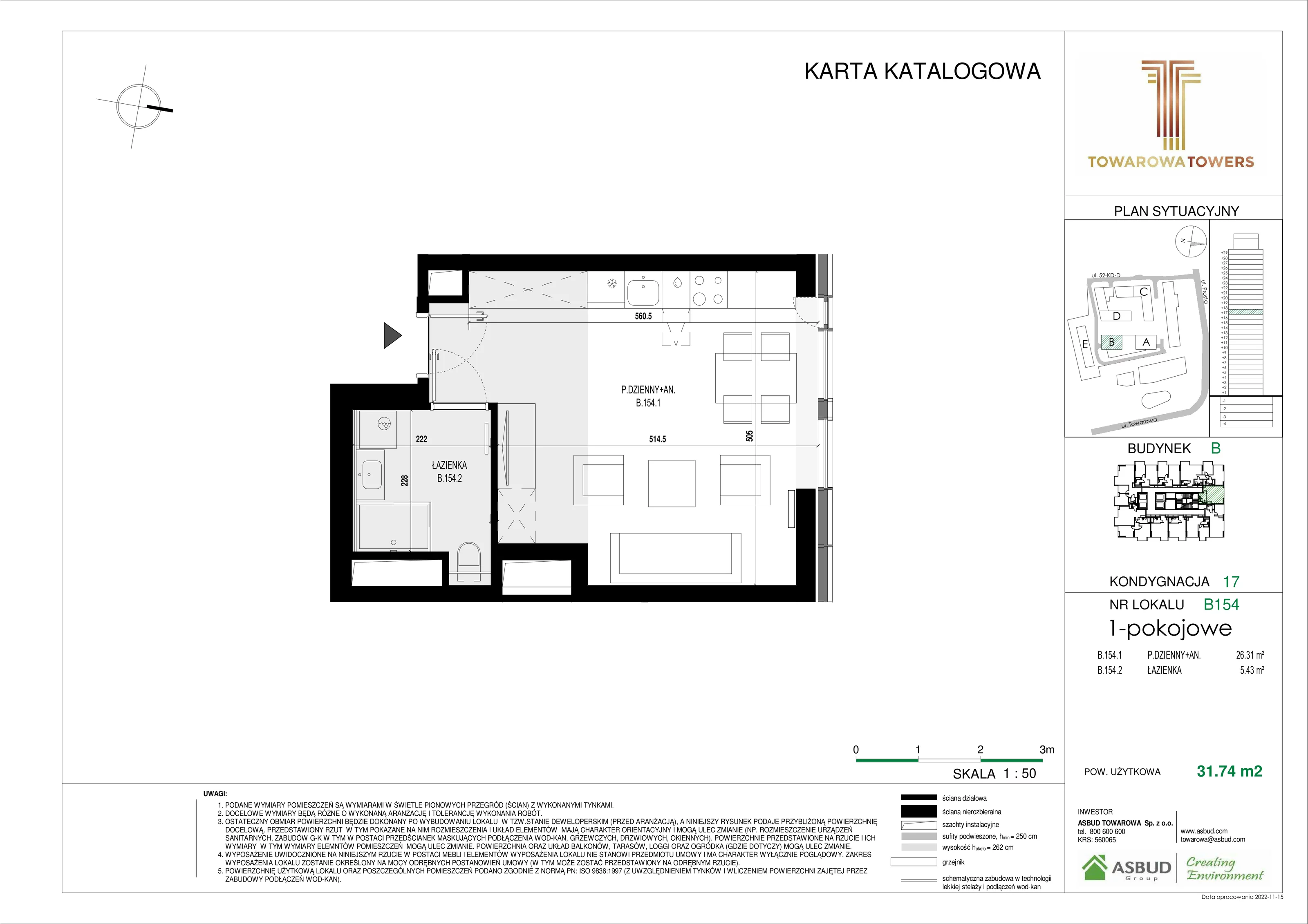 Mieszkanie 31,74 m², piętro 17, oferta nr B.154, Towarowa Towers, Warszawa, Wola, Czyste, ul. Towarowa