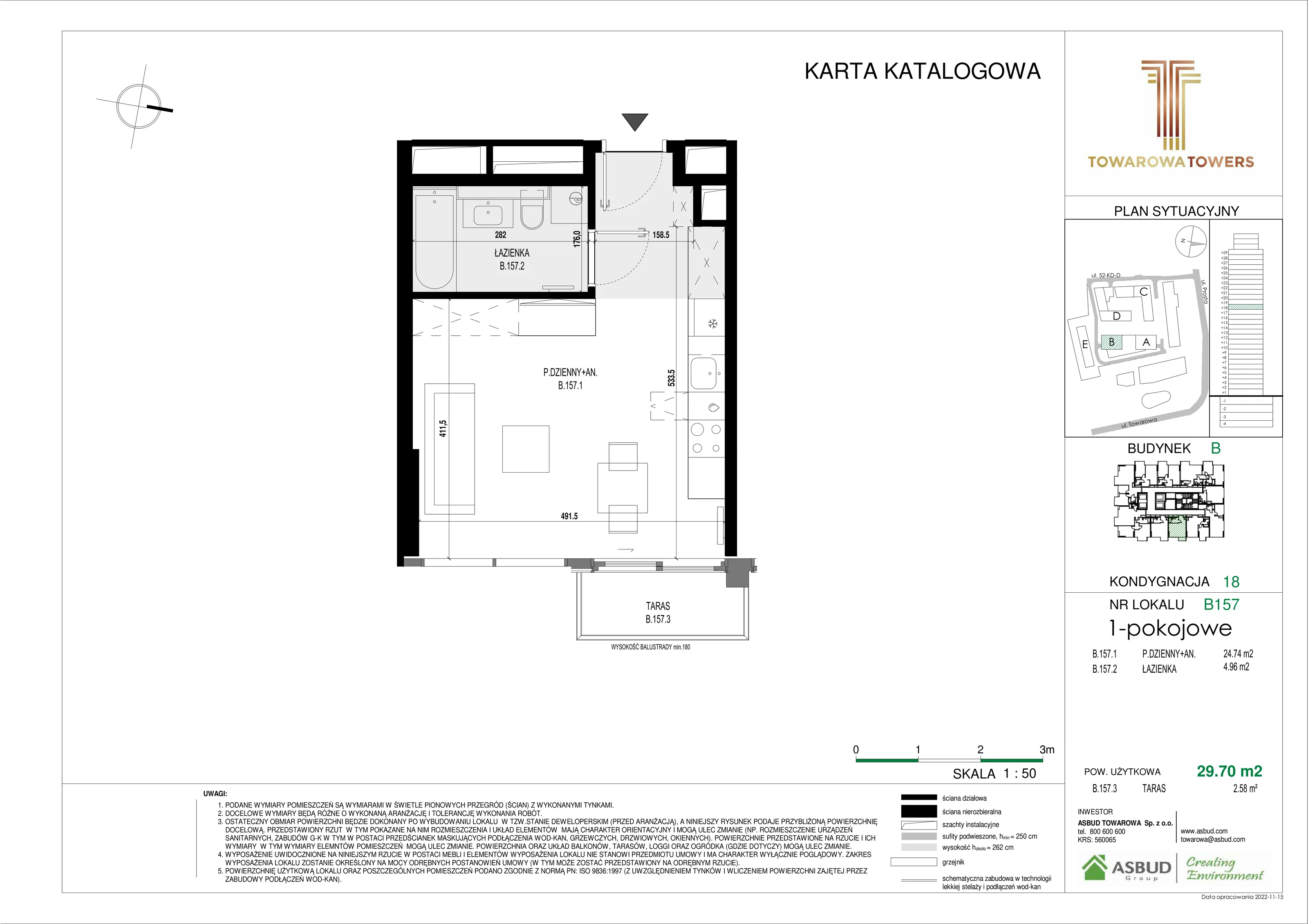 Mieszkanie 29,70 m², piętro 18, oferta nr B.157, Towarowa Towers, Warszawa, Wola, Czyste, ul. Towarowa