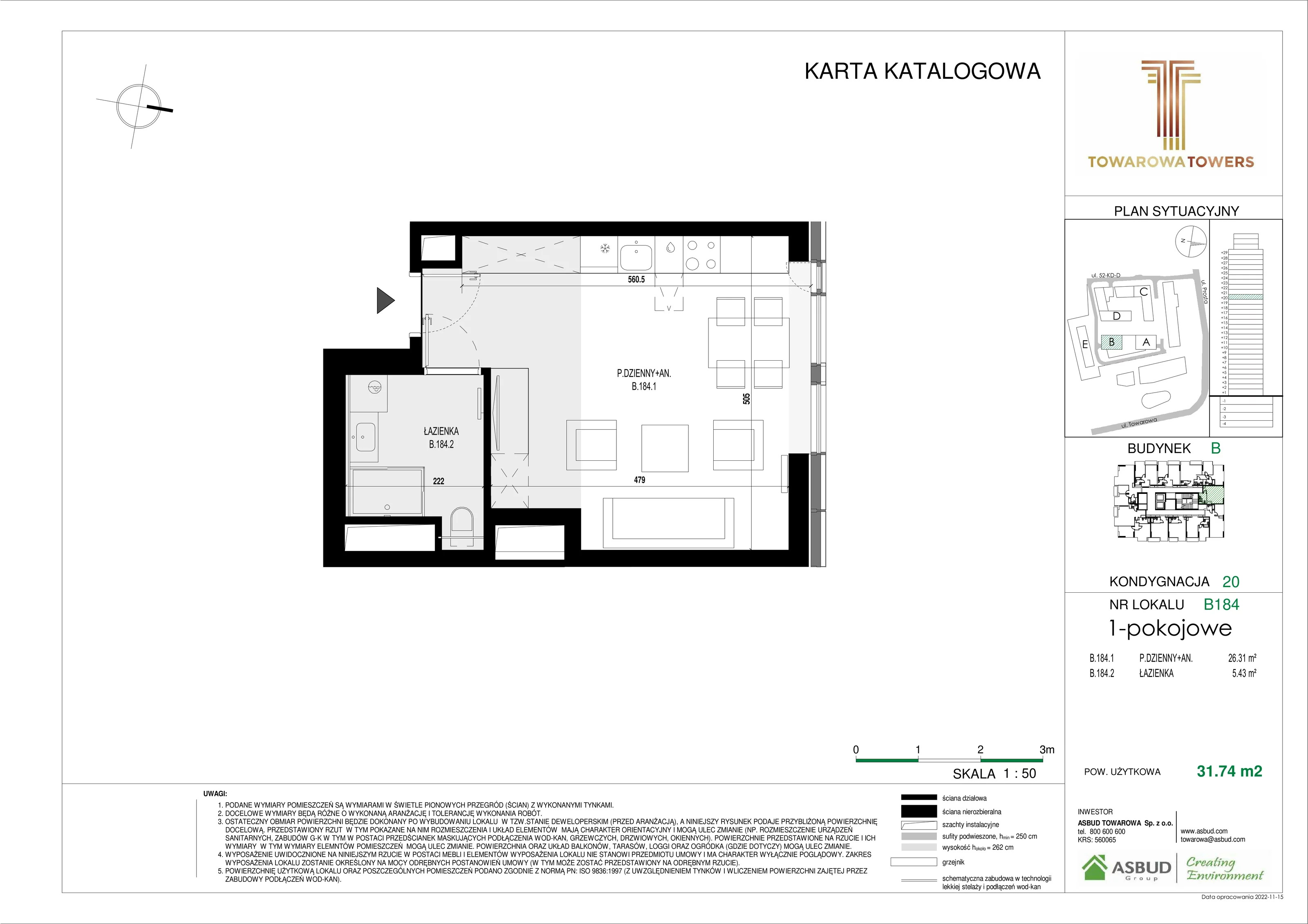 Mieszkanie 31,74 m², piętro 20, oferta nr B.184, Towarowa Towers, Warszawa, Wola, Czyste, ul. Towarowa