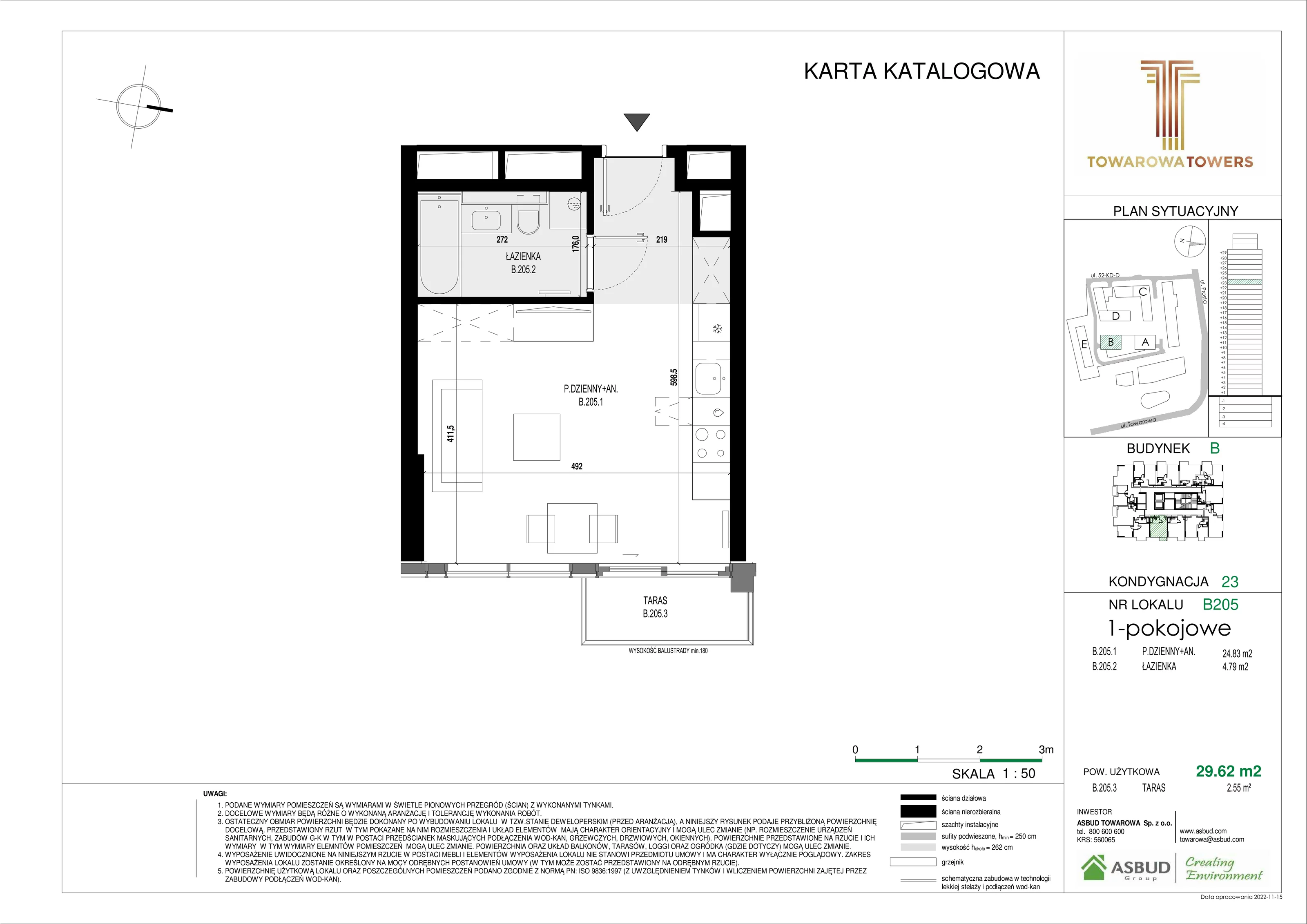 Mieszkanie 29,62 m², piętro 23, oferta nr B.205, Towarowa Towers, Warszawa, Wola, Czyste, ul. Towarowa