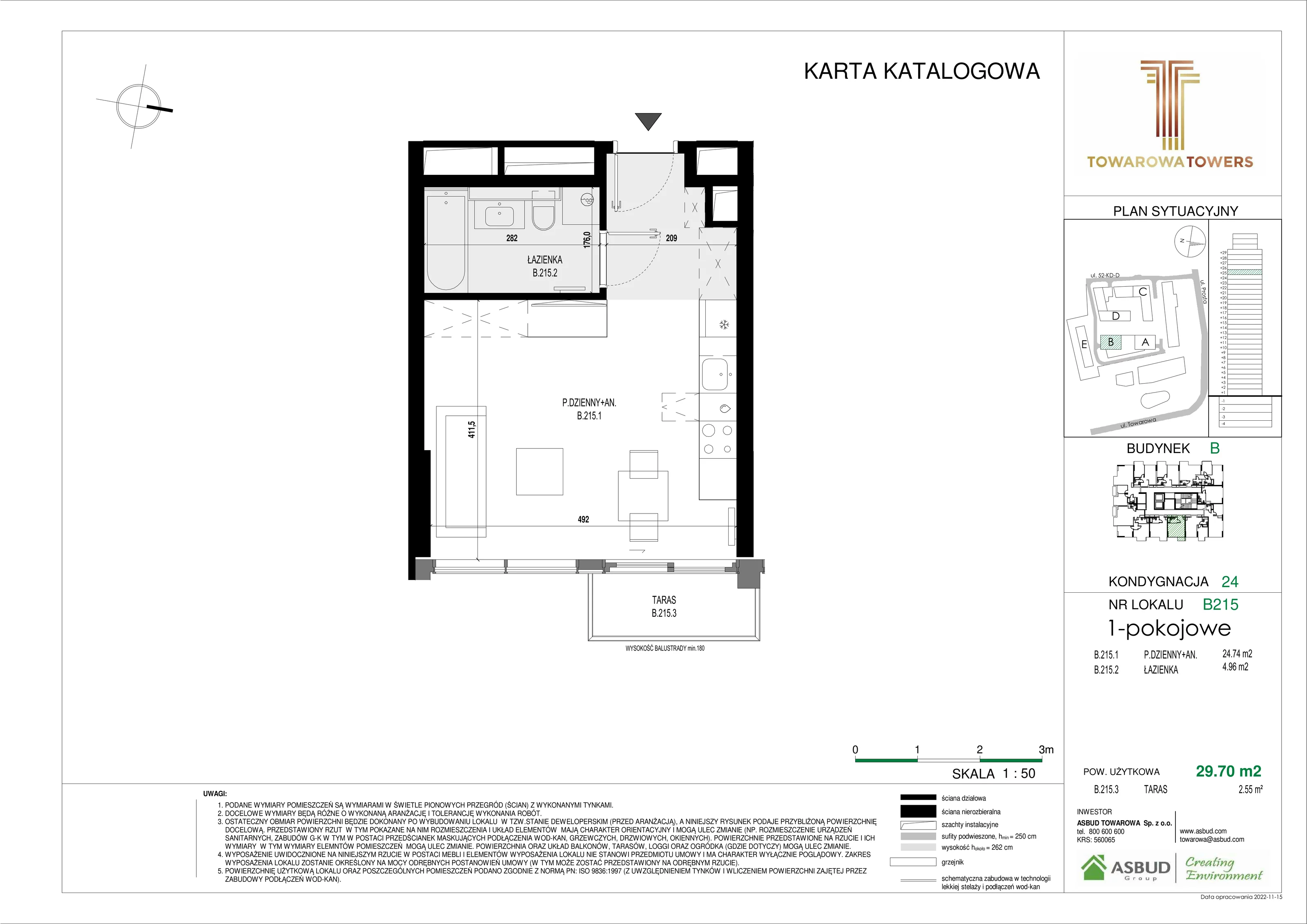 Mieszkanie 29,70 m², piętro 24, oferta nr B.215, Towarowa Towers, Warszawa, Wola, Czyste, ul. Towarowa