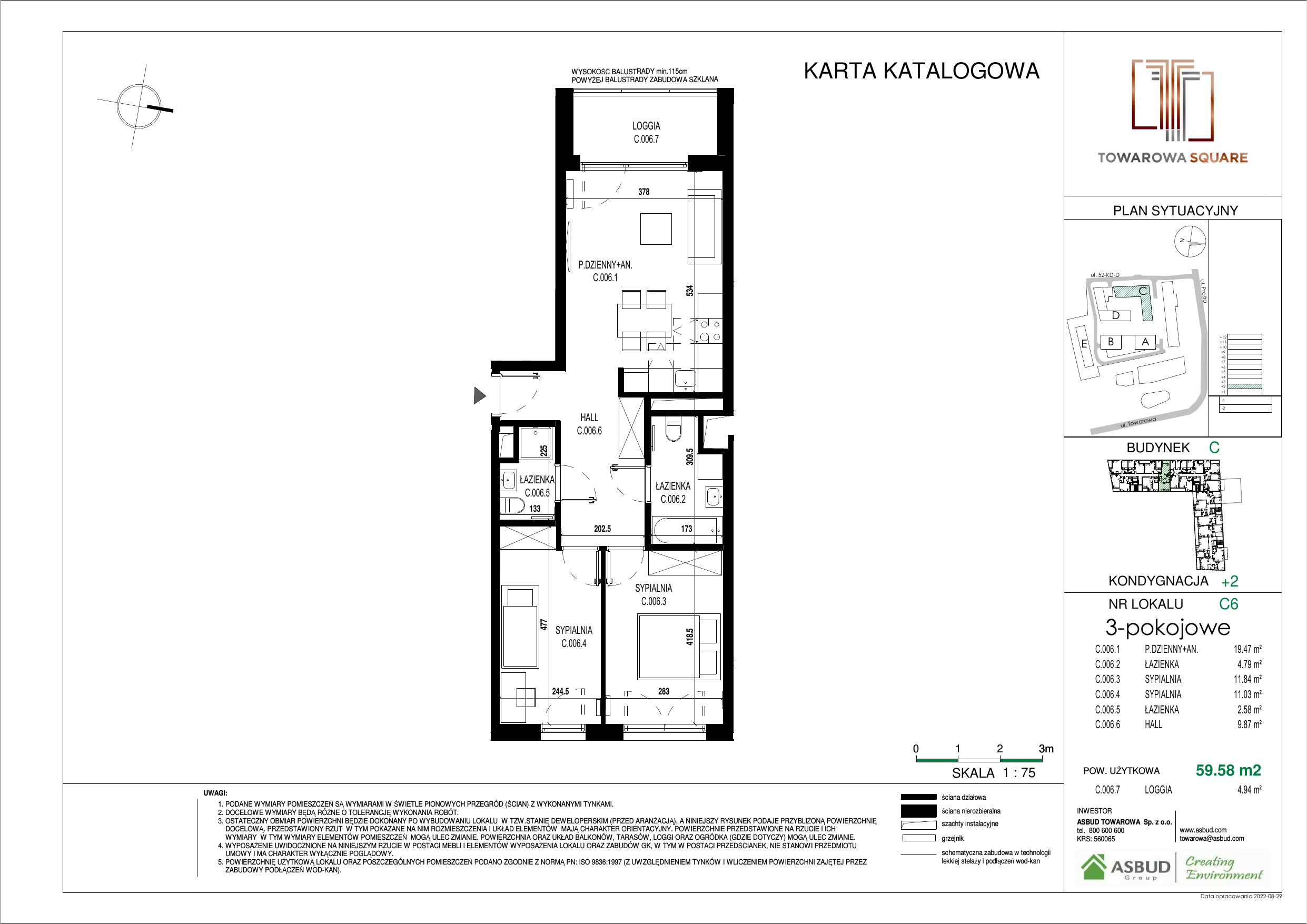 3 pokoje, mieszkanie 59,58 m², piętro 1, oferta nr C.006, Towarowa Square, Warszawa, Wola, Czyste, ul. Towarowa