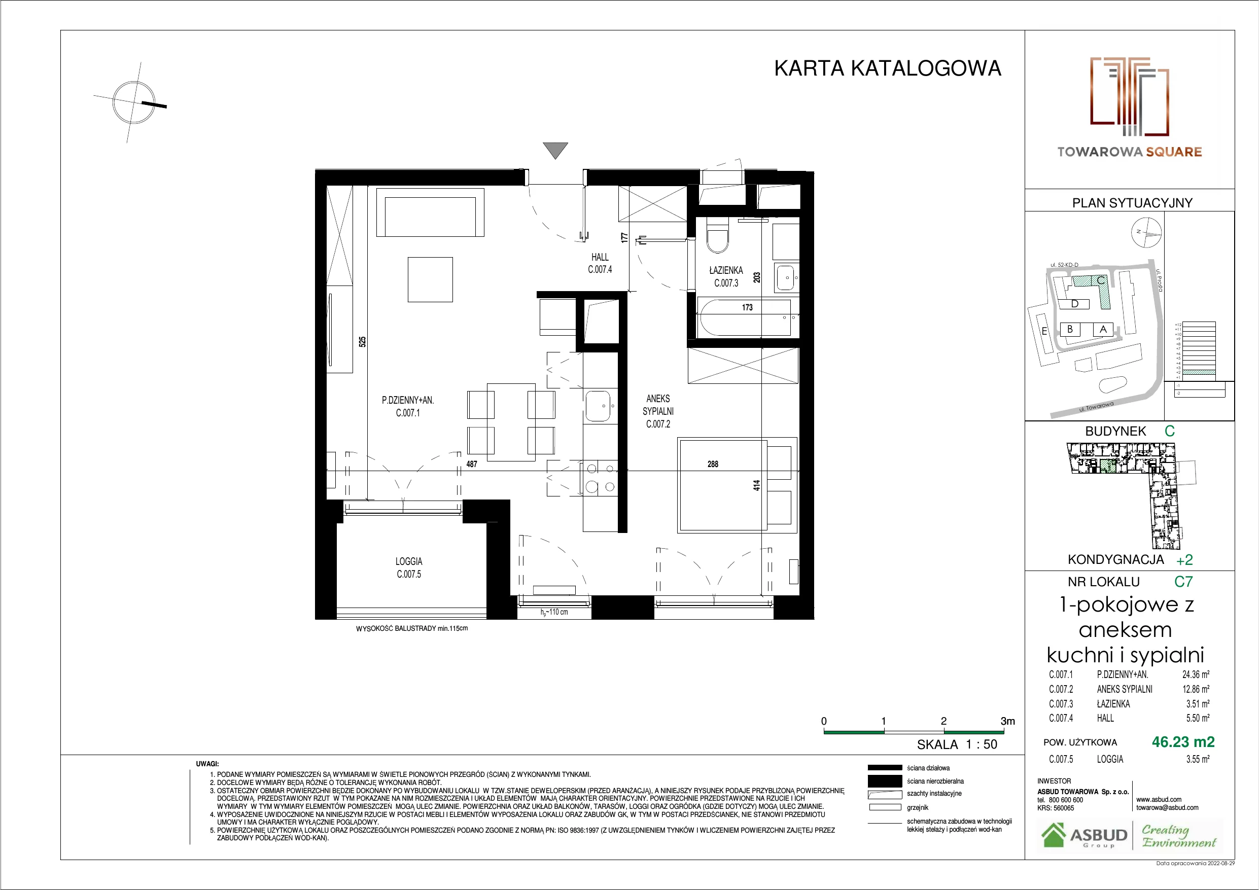 Apartament 46,23 m², piętro 1, oferta nr C.007, Towarowa Square, Warszawa, Wola, Czyste, ul. Towarowa