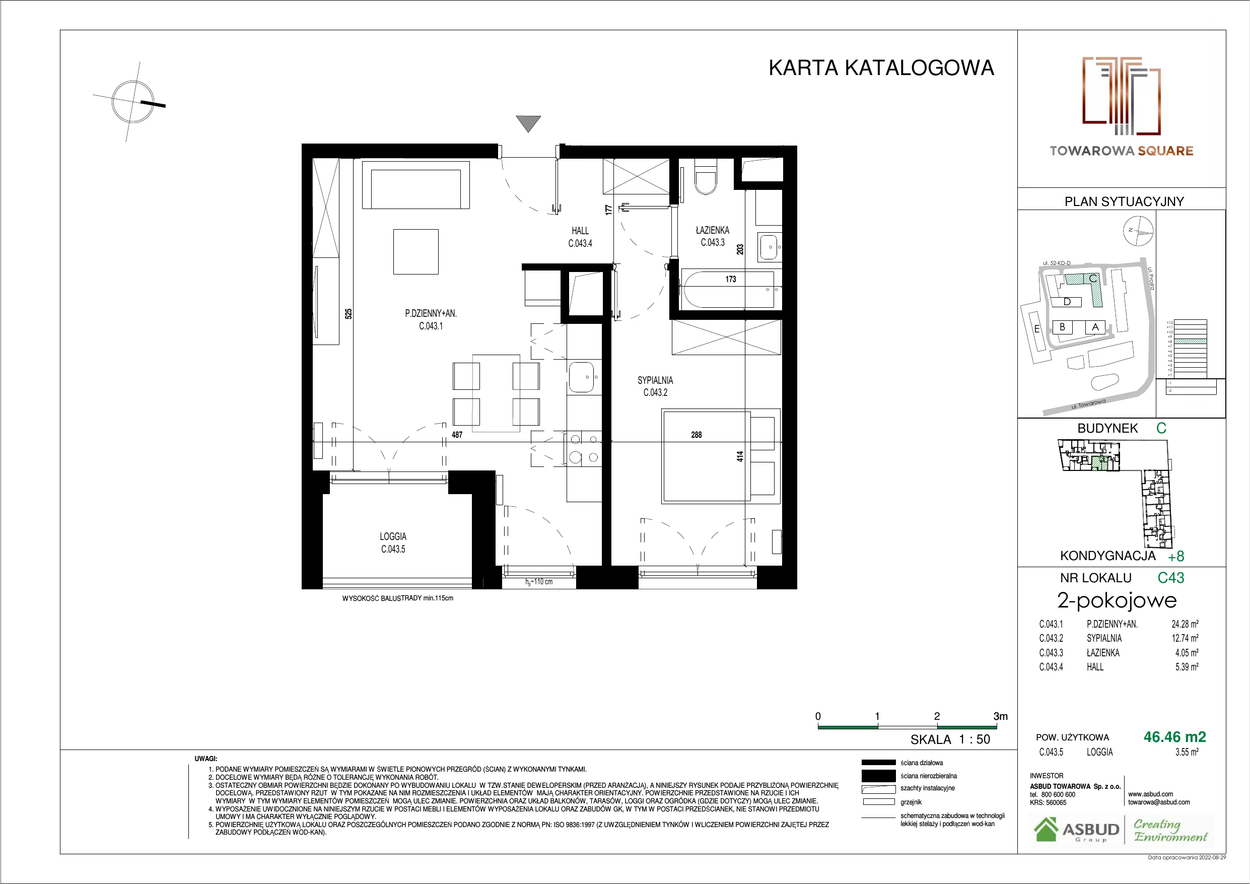 Apartament 46,46 m², piętro 7, oferta nr C.043, Towarowa Square, Warszawa, Wola, Czyste, ul. Towarowa