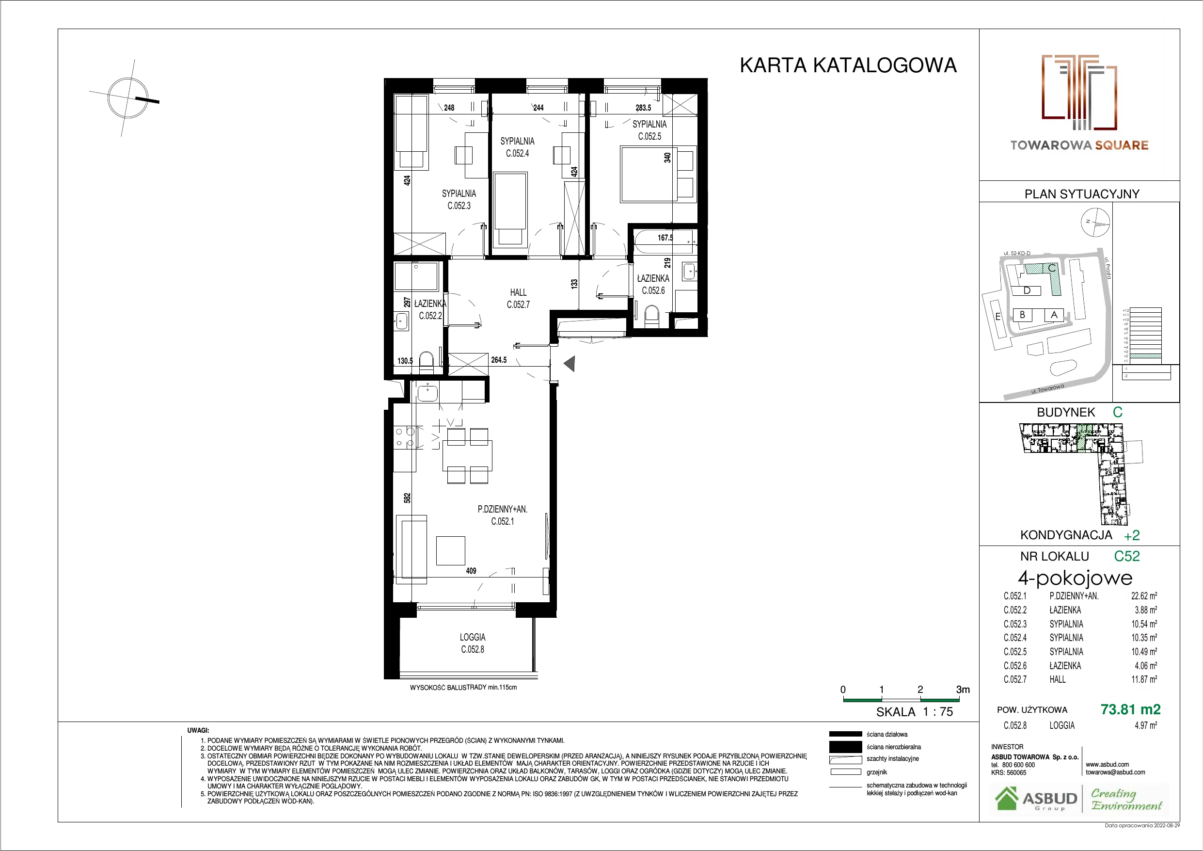 4 pokoje, mieszkanie 73,81 m², piętro 1, oferta nr C.052, Towarowa Square, Warszawa, Wola, Czyste, ul. Towarowa