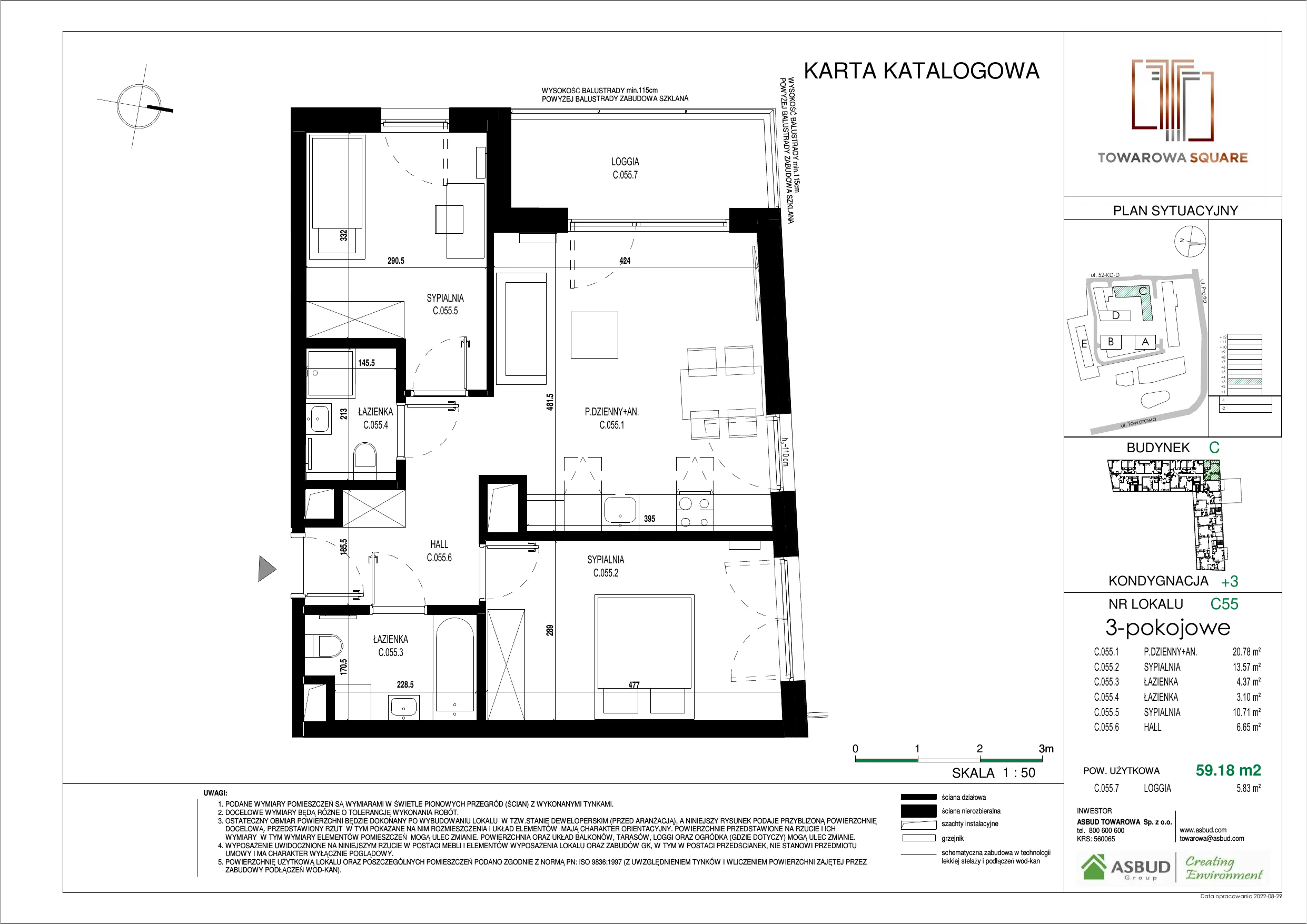 3 pokoje, mieszkanie 59,18 m², piętro 2, oferta nr C.055, Towarowa Square, Warszawa, Wola, Czyste, ul. Towarowa