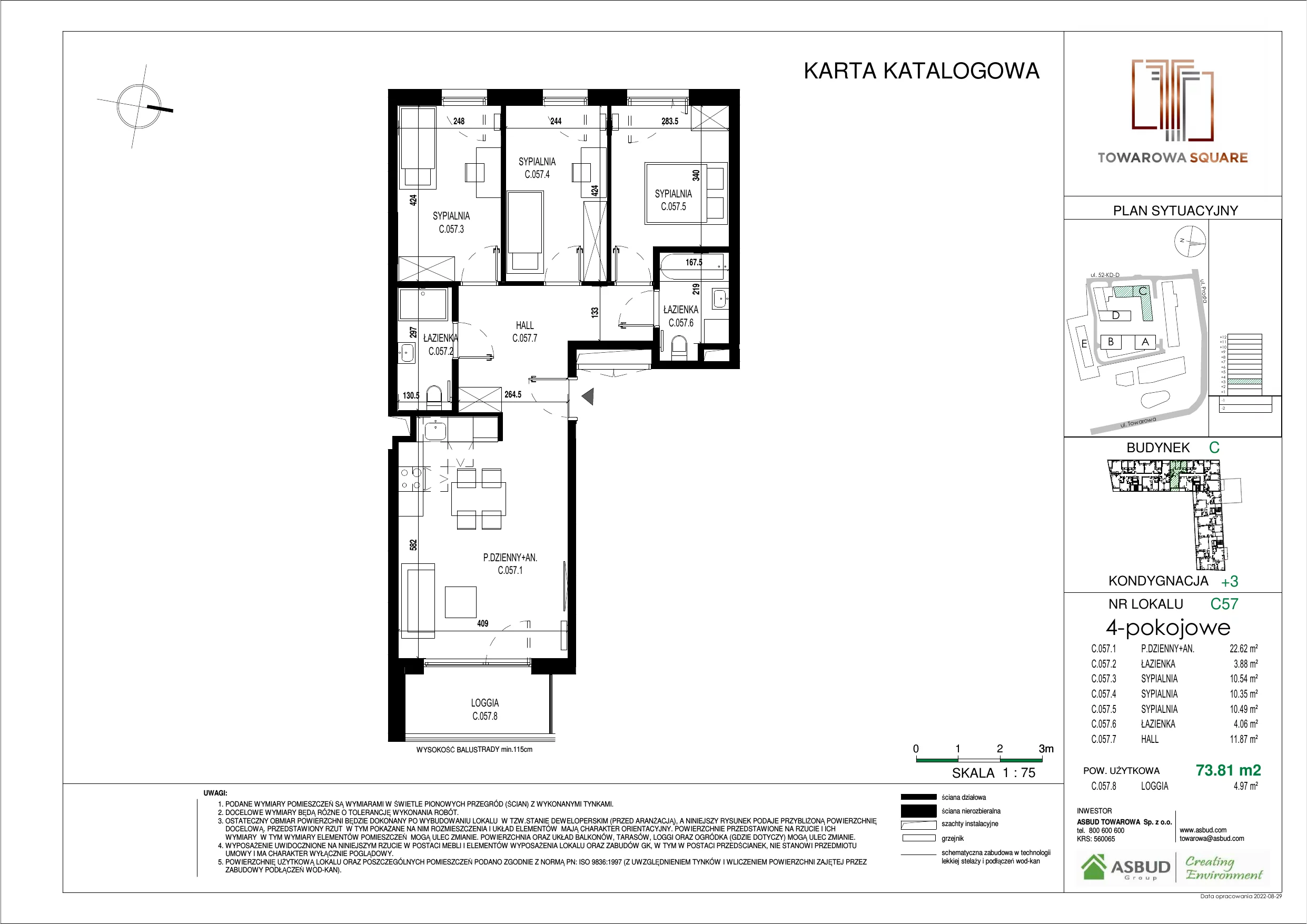 4 pokoje, mieszkanie 73,81 m², piętro 2, oferta nr C.057, Towarowa Square, Warszawa, Wola, Czyste, ul. Towarowa