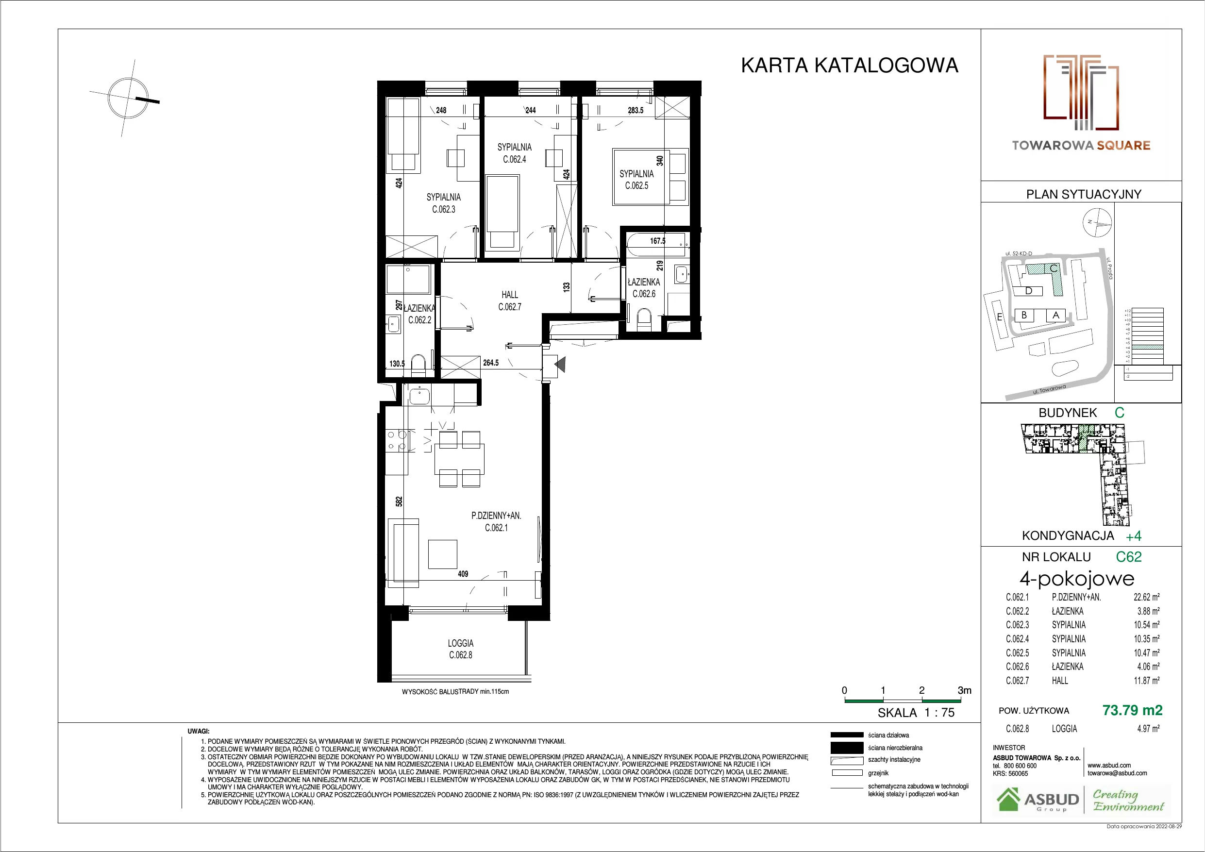 4 pokoje, mieszkanie 73,79 m², piętro 3, oferta nr C.062, Towarowa Square, Warszawa, Wola, Czyste, ul. Towarowa