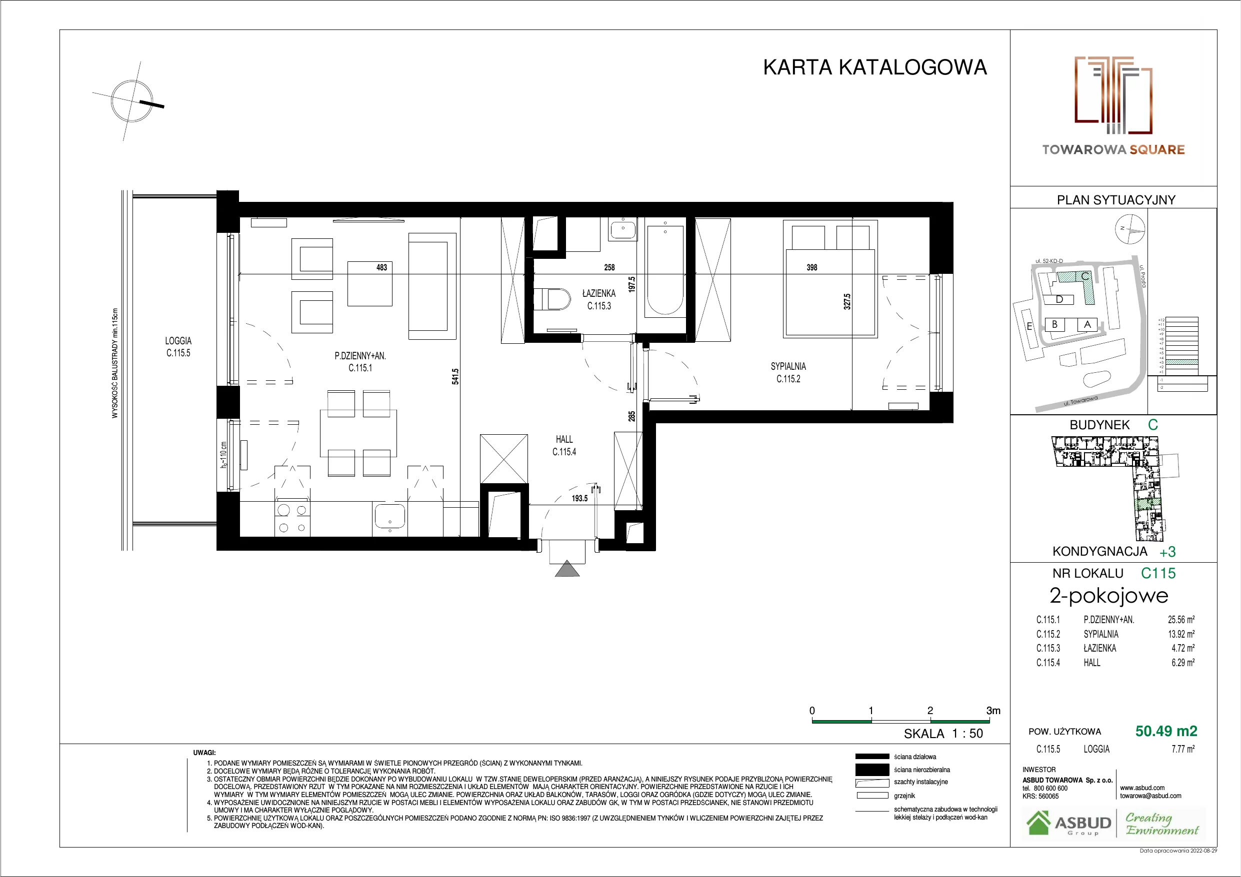 Apartament 50,49 m², piętro 2, oferta nr C.115, Towarowa Square, Warszawa, Wola, Czyste, ul. Towarowa