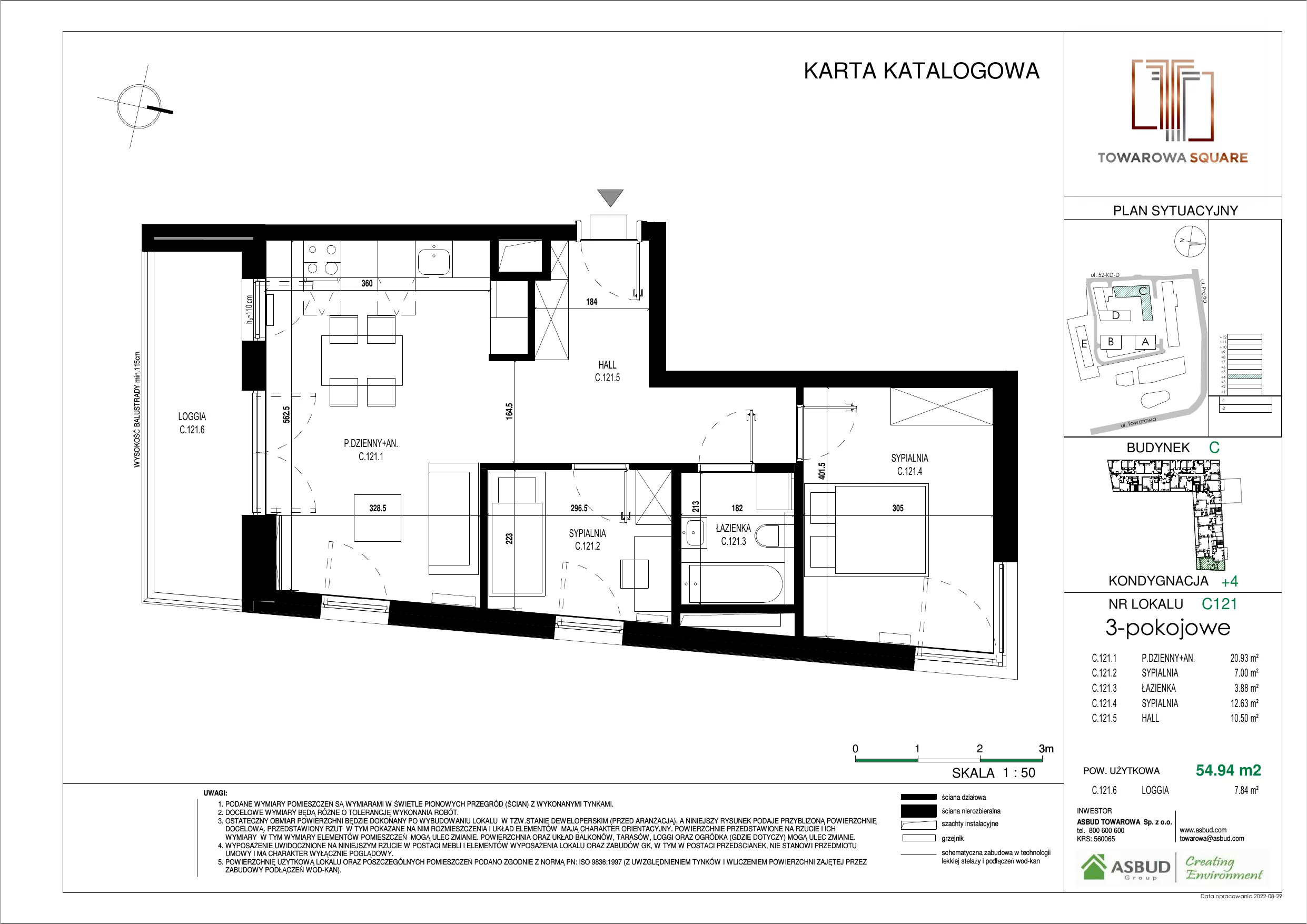 3 pokoje, mieszkanie 54,94 m², piętro 3, oferta nr C.121, Towarowa Square, Warszawa, Wola, Czyste, ul. Towarowa