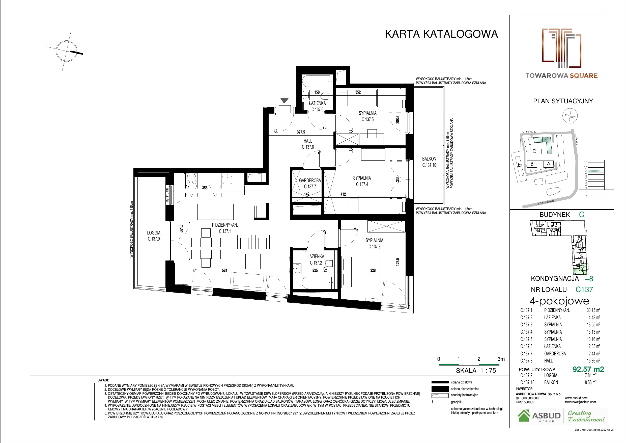 4 pokoje, mieszkanie 92,57 m², piętro 7, oferta nr C.137, Towarowa Square, Warszawa, Wola, Czyste, ul. Towarowa