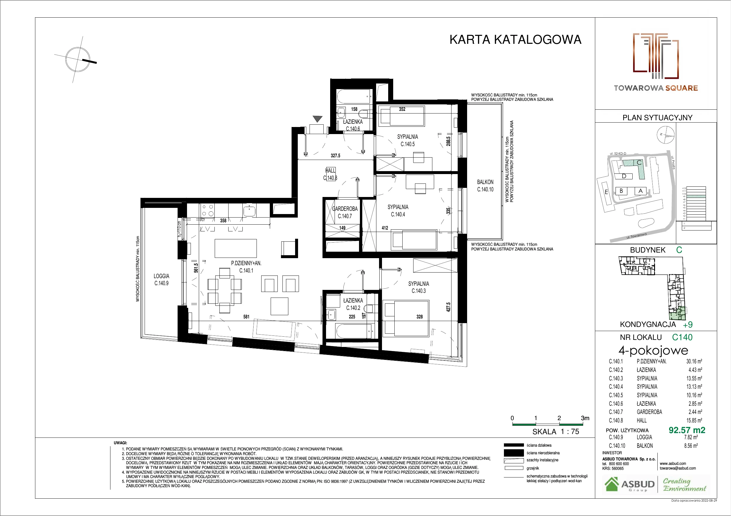 4 pokoje, mieszkanie 92,57 m², piętro 8, oferta nr C.140, Towarowa Square, Warszawa, Wola, Czyste, ul. Towarowa