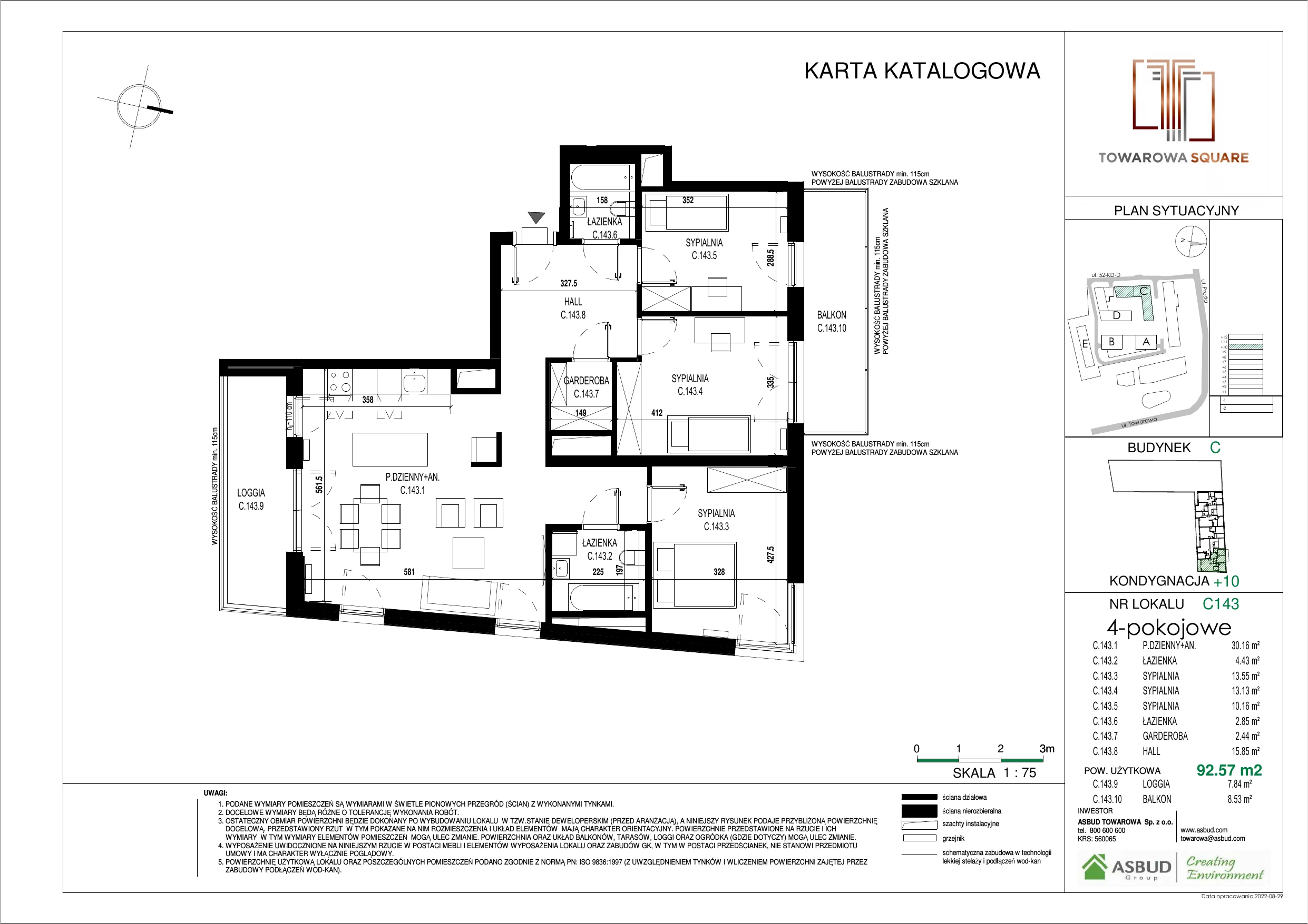 4 pokoje, mieszkanie 92,57 m², piętro 9, oferta nr C.143, Towarowa Square, Warszawa, Wola, Czyste, ul. Towarowa