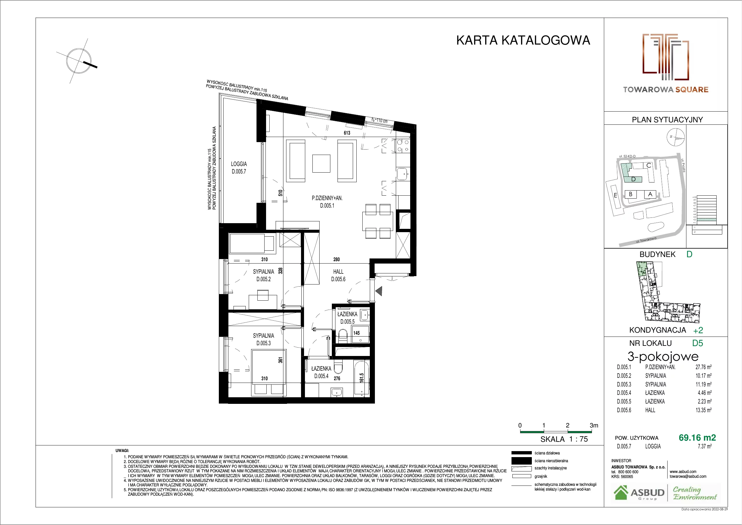 3 pokoje, mieszkanie 69,16 m², piętro 1, oferta nr D.005, Towarowa Square, Warszawa, Wola, Czyste, ul. Towarowa