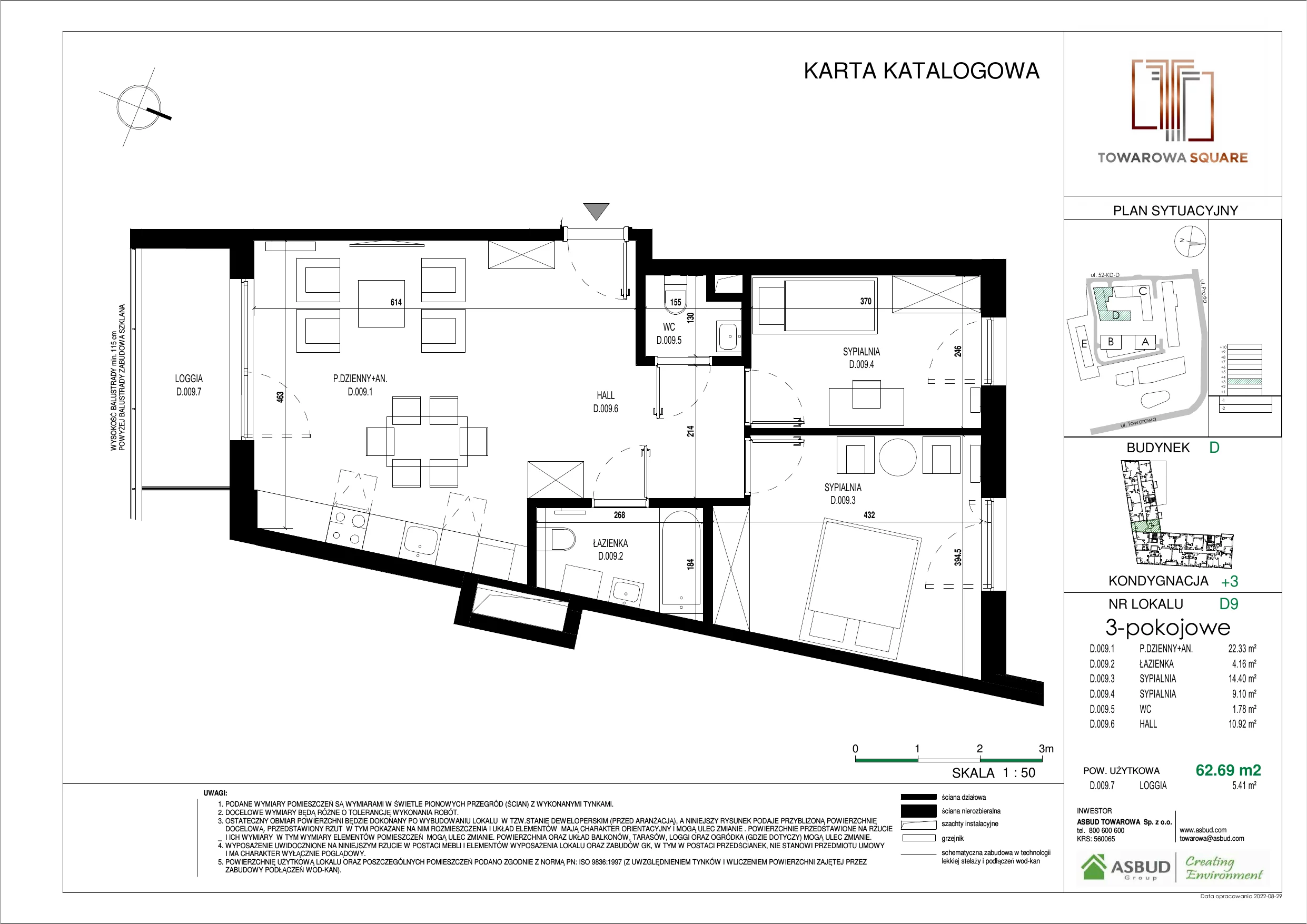 3 pokoje, mieszkanie 62,69 m², piętro 2, oferta nr D.009, Towarowa Square, Warszawa, Wola, Czyste, ul. Towarowa