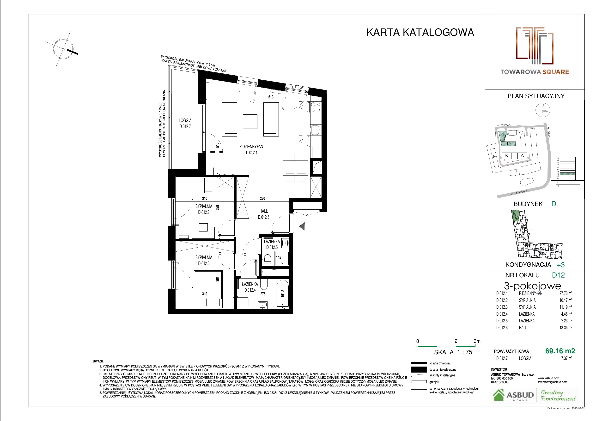 3 pokoje, mieszkanie 69,16 m², piętro 2, oferta nr D.012, Towarowa Square, Warszawa, Wola, Czyste, ul. Towarowa