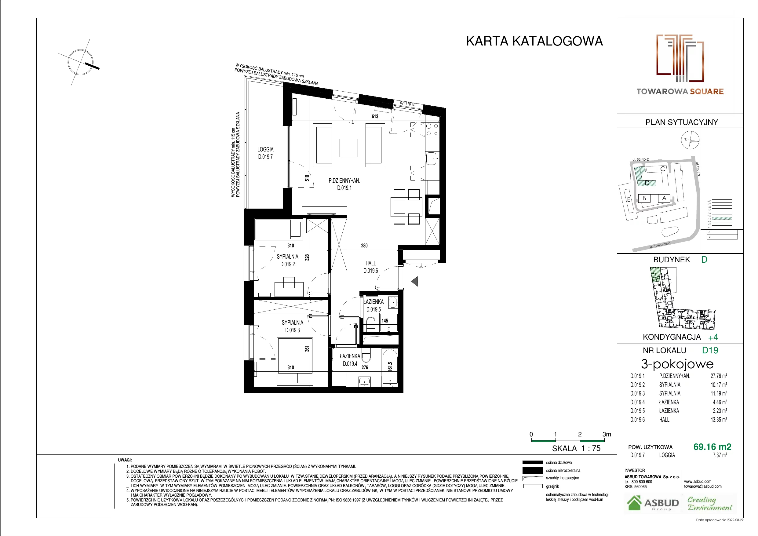 3 pokoje, mieszkanie 69,16 m², piętro 3, oferta nr D.019, Towarowa Square, Warszawa, Wola, Czyste, ul. Towarowa