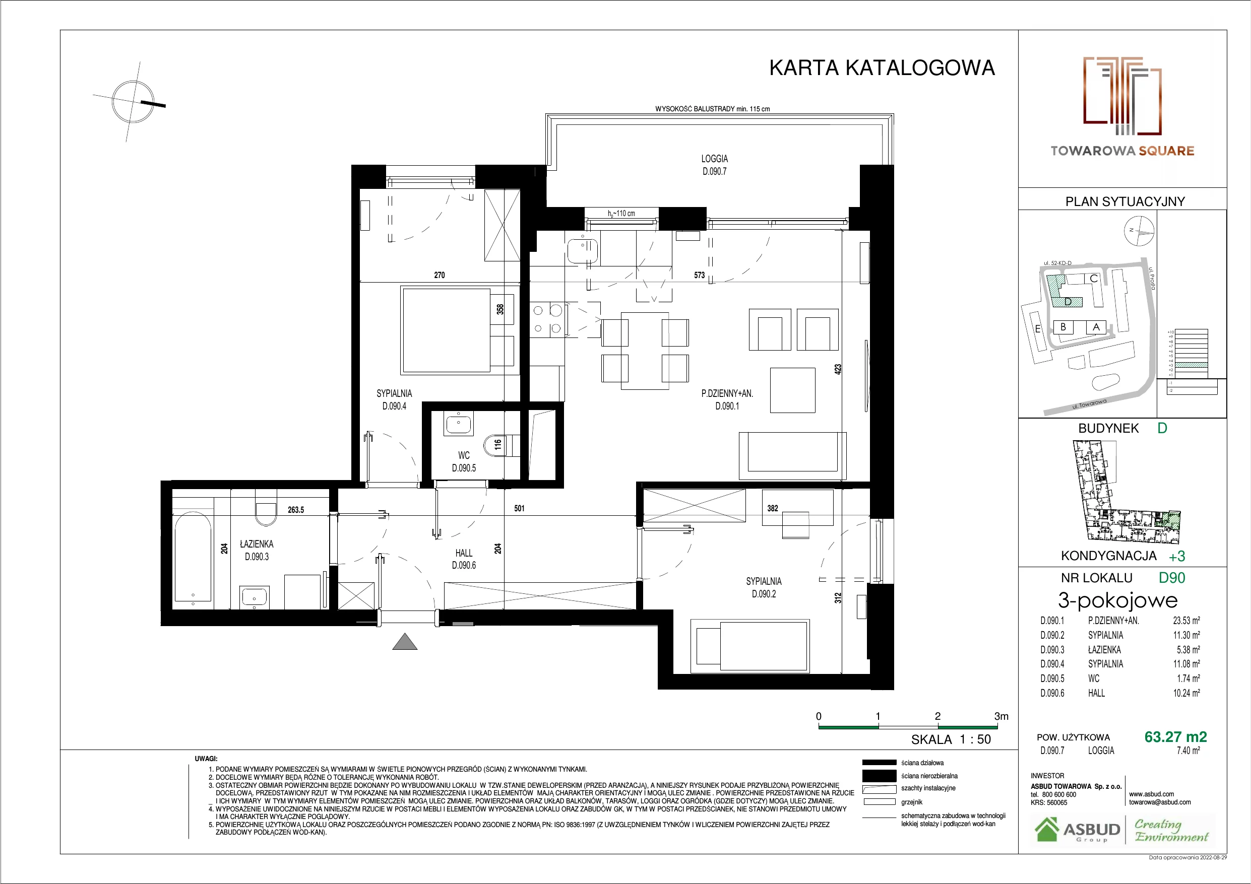 3 pokoje, mieszkanie 63,27 m², piętro 2, oferta nr D.090, Towarowa Square, Warszawa, Wola, Czyste, ul. Towarowa