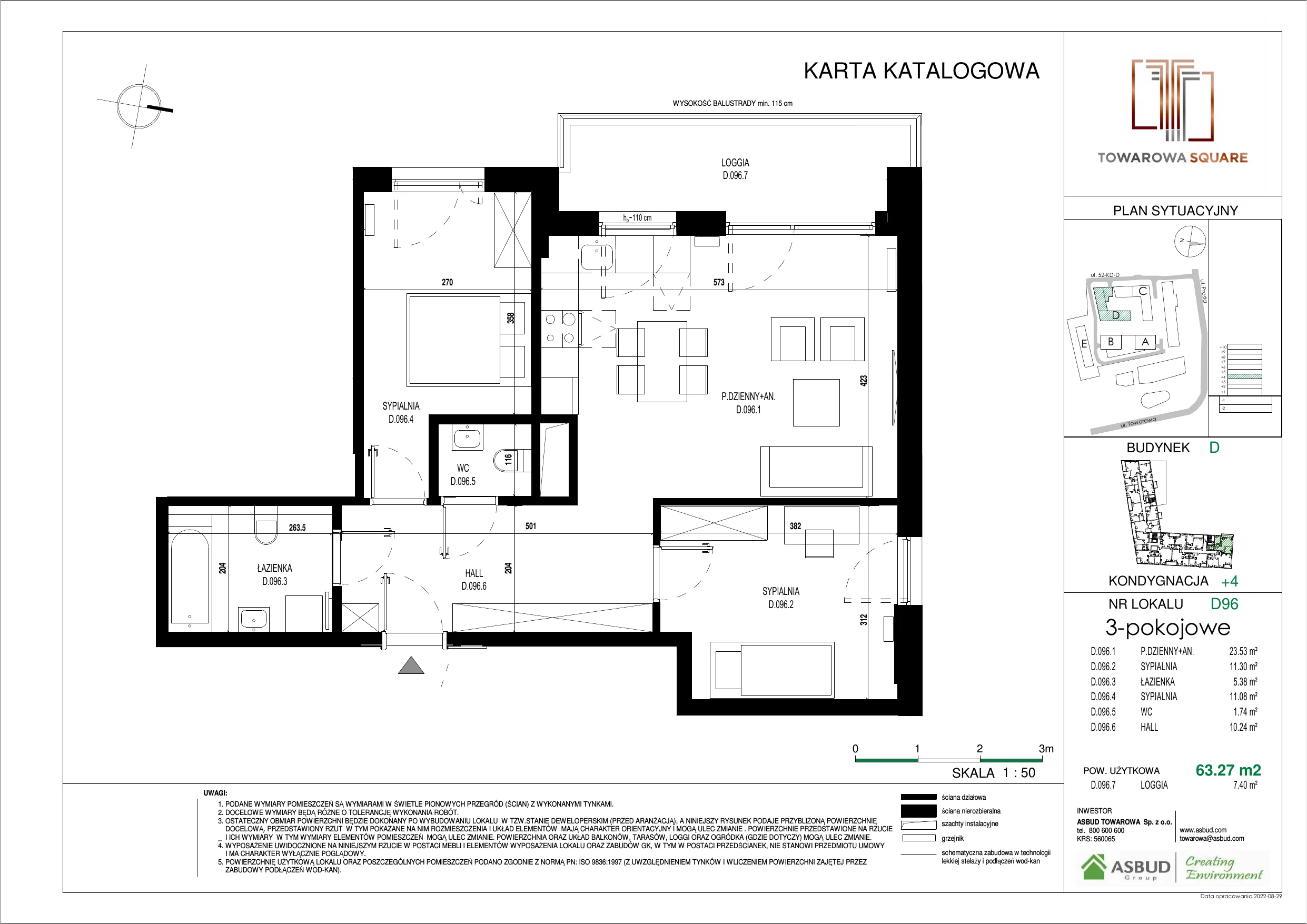 3 pokoje, mieszkanie 63,27 m², piętro 3, oferta nr D.096, Towarowa Square, Warszawa, Wola, Czyste, ul. Towarowa