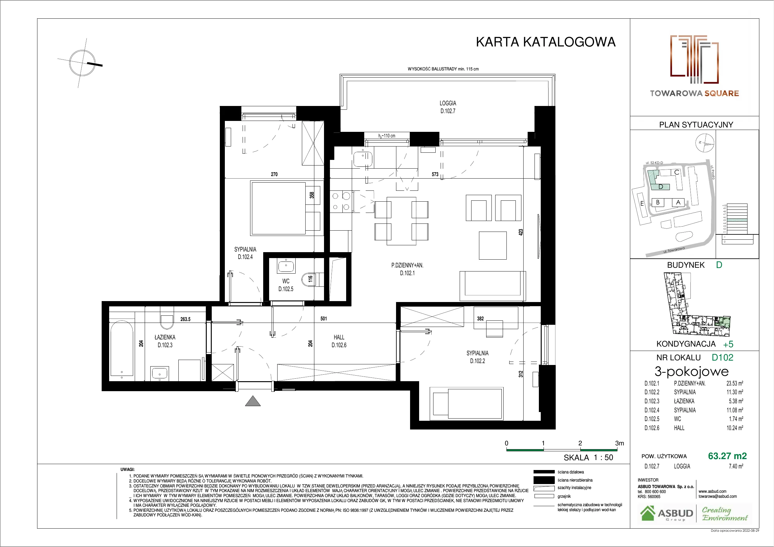 3 pokoje, mieszkanie 63,27 m², piętro 4, oferta nr D.102, Towarowa Square, Warszawa, Wola, Czyste, ul. Towarowa