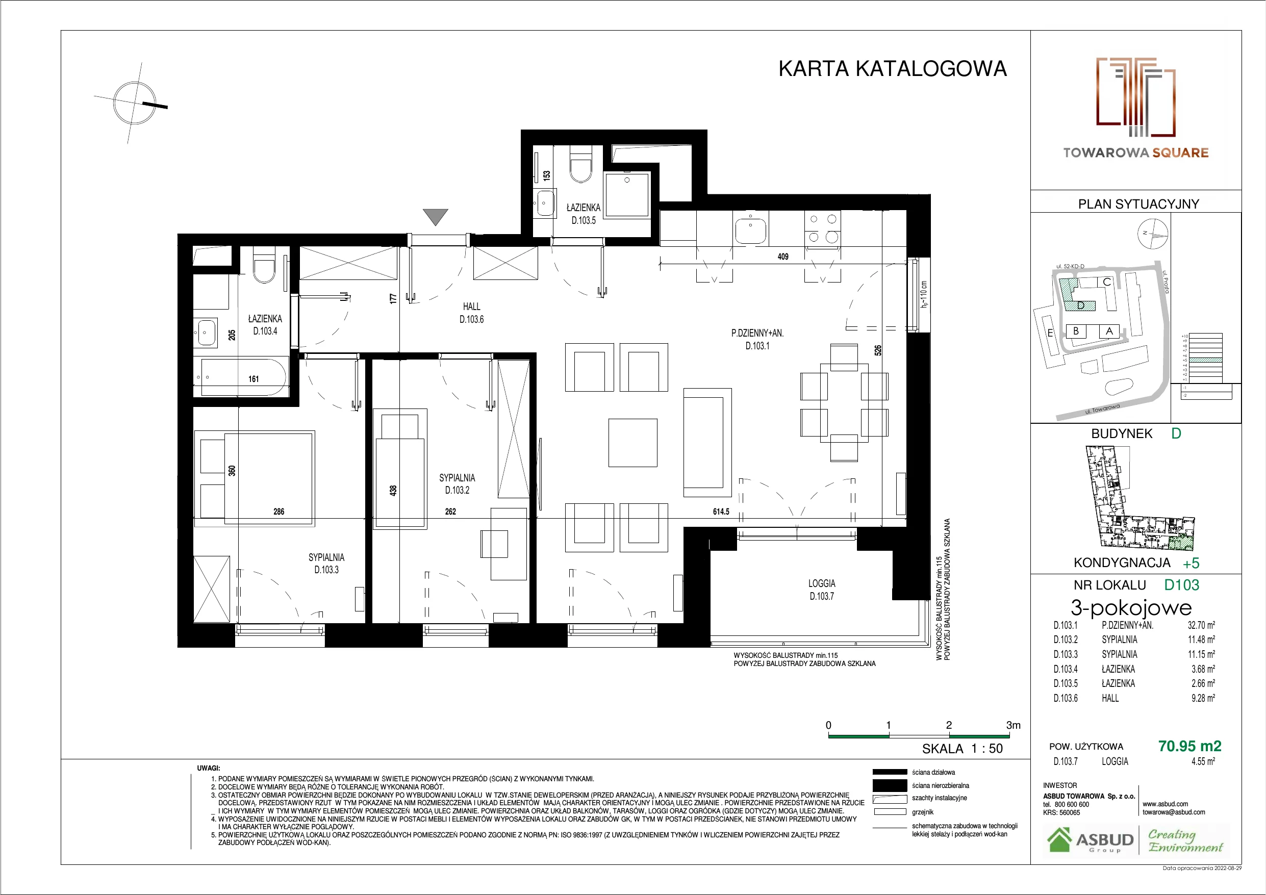 3 pokoje, mieszkanie 70,95 m², piętro 4, oferta nr D.103, Towarowa Square, Warszawa, Wola, Czyste, ul. Towarowa
