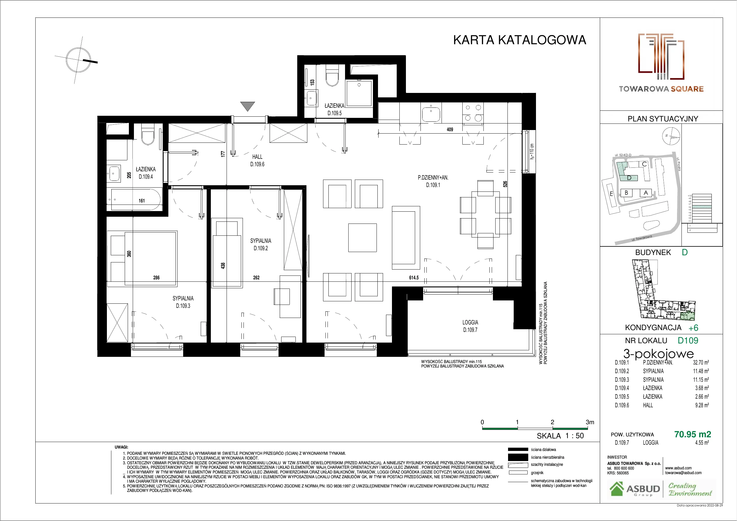 3 pokoje, mieszkanie 70,95 m², piętro 5, oferta nr D.109, Towarowa Square, Warszawa, Wola, Czyste, ul. Towarowa