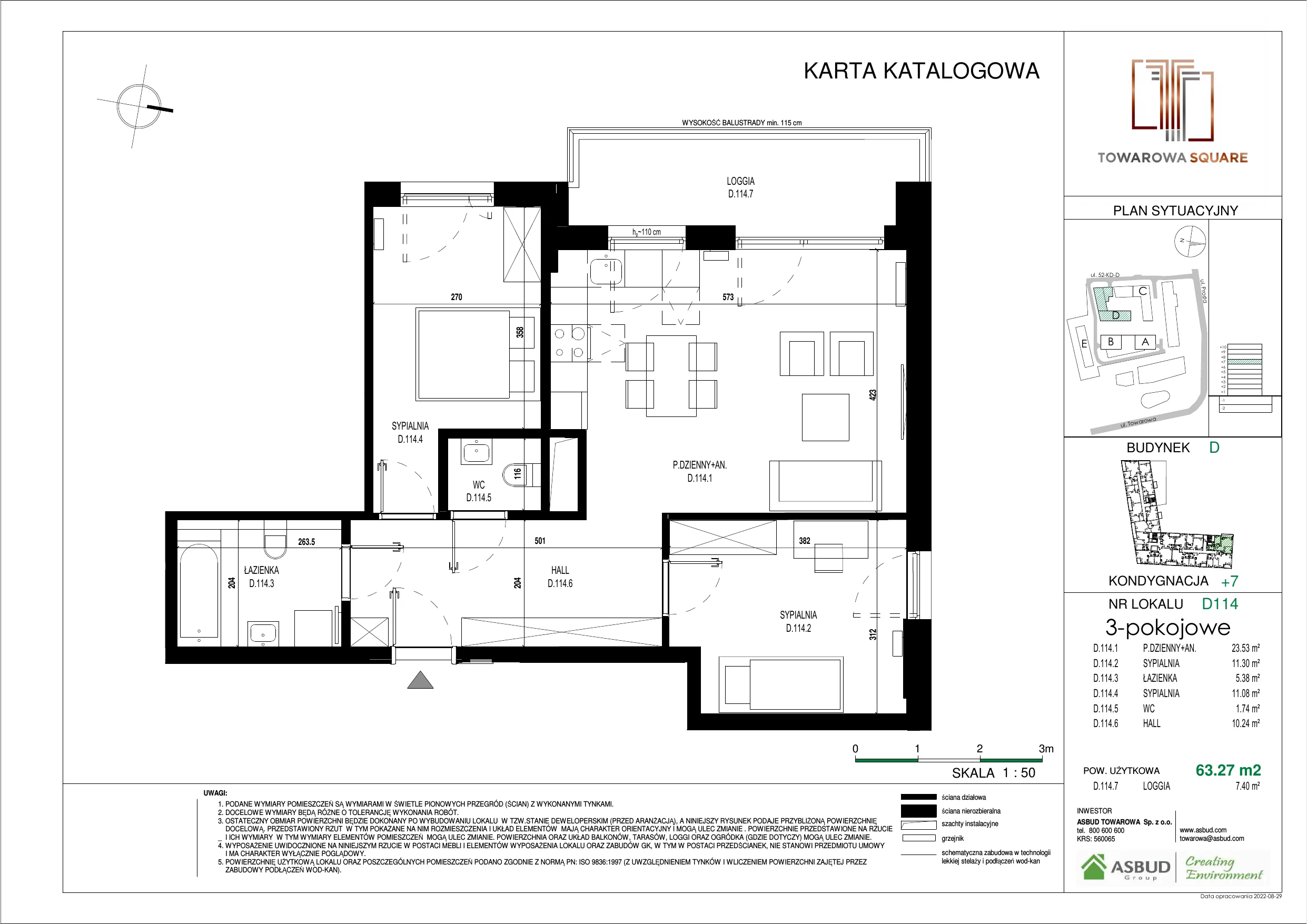 3 pokoje, mieszkanie 63,27 m², piętro 6, oferta nr D.114, Towarowa Square, Warszawa, Wola, Czyste, ul. Towarowa