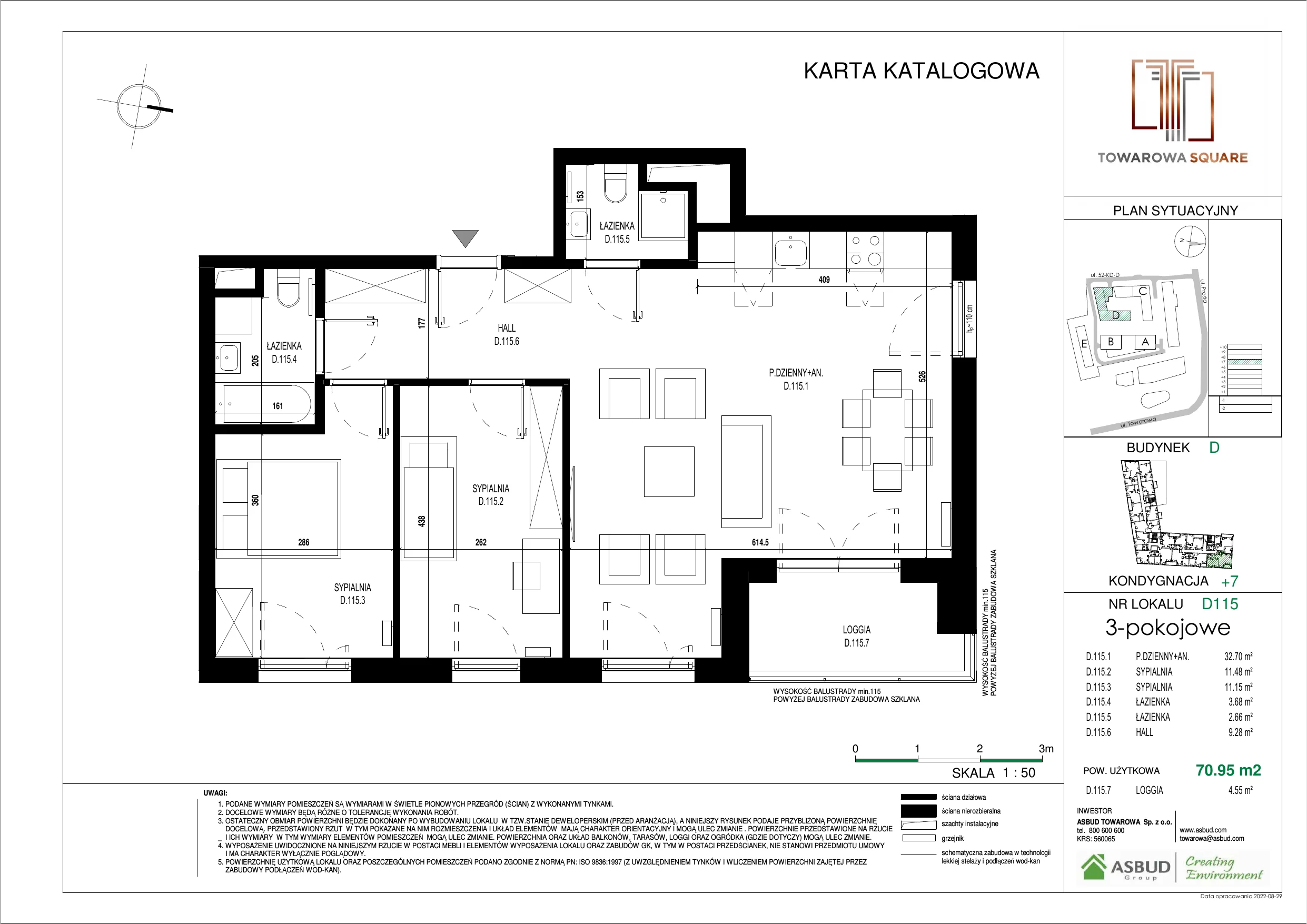 3 pokoje, mieszkanie 70,95 m², piętro 6, oferta nr D.115, Towarowa Square, Warszawa, Wola, Czyste, ul. Towarowa