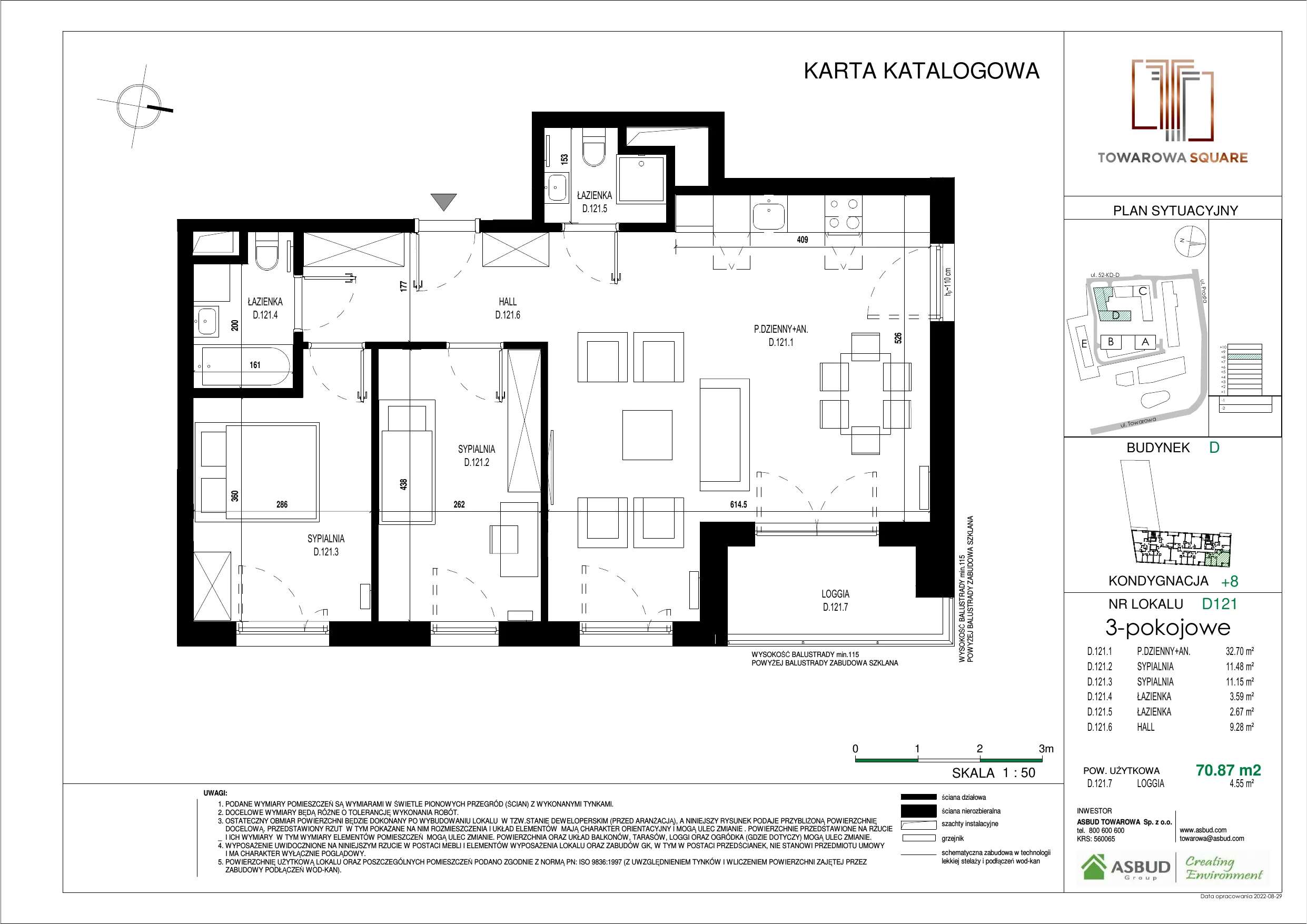 3 pokoje, mieszkanie 70,87 m², piętro 7, oferta nr D.121, Towarowa Square, Warszawa, Wola, Czyste, ul. Towarowa