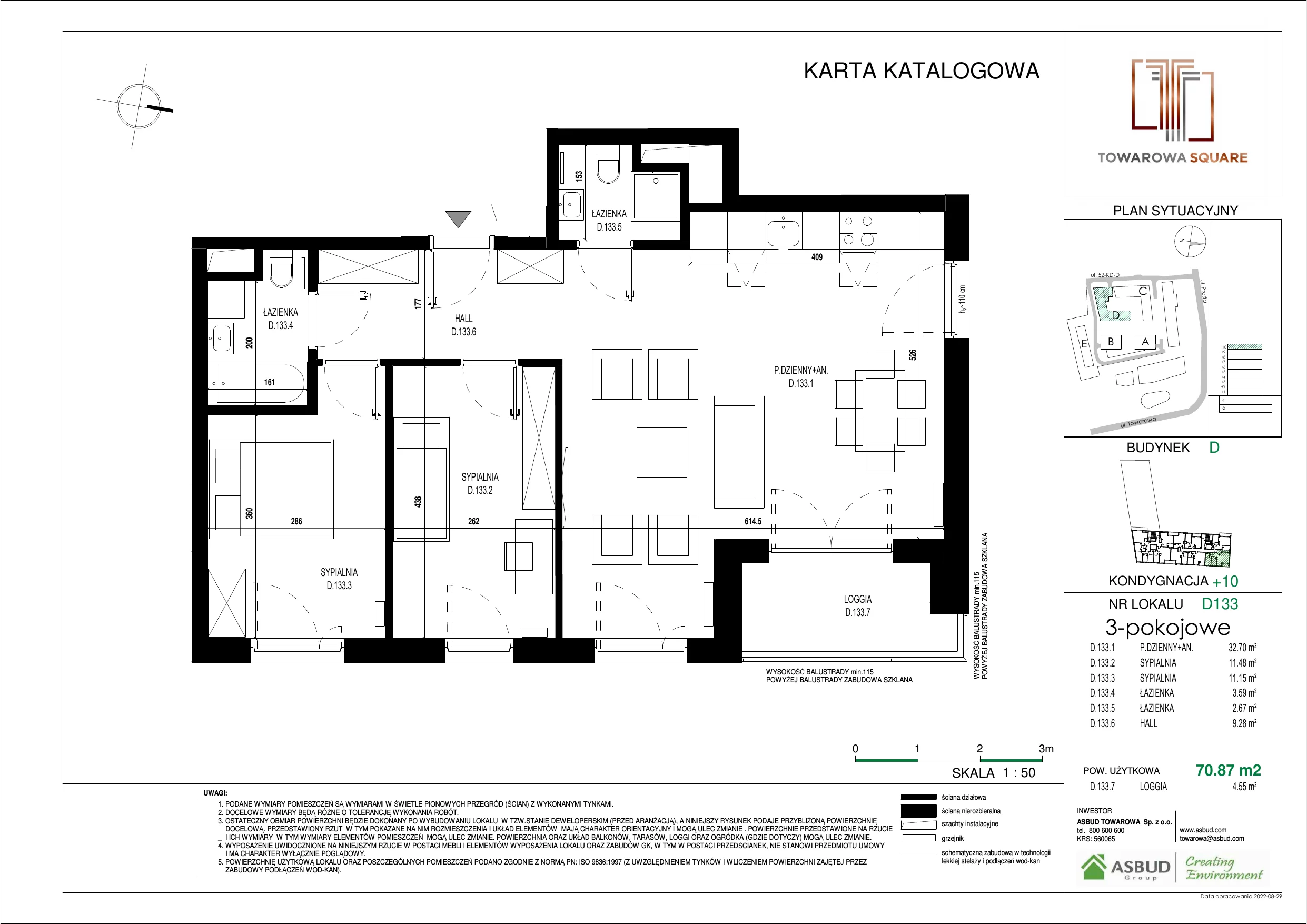 3 pokoje, mieszkanie 70,87 m², piętro 9, oferta nr D.133, Towarowa Square, Warszawa, Wola, Czyste, ul. Towarowa