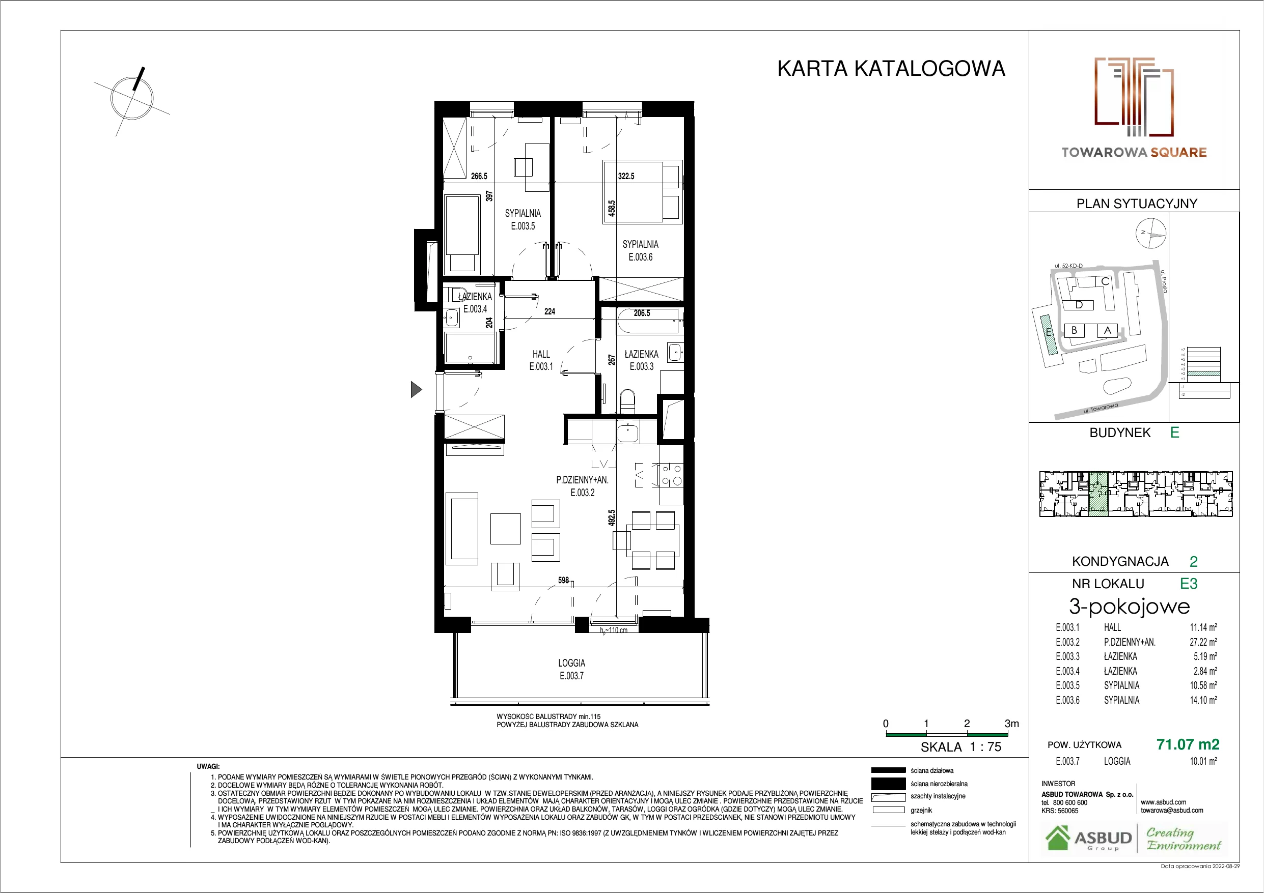 3 pokoje, mieszkanie 71,07 m², piętro 1, oferta nr E.003, Towarowa Square, Warszawa, Wola, Czyste, ul. Towarowa