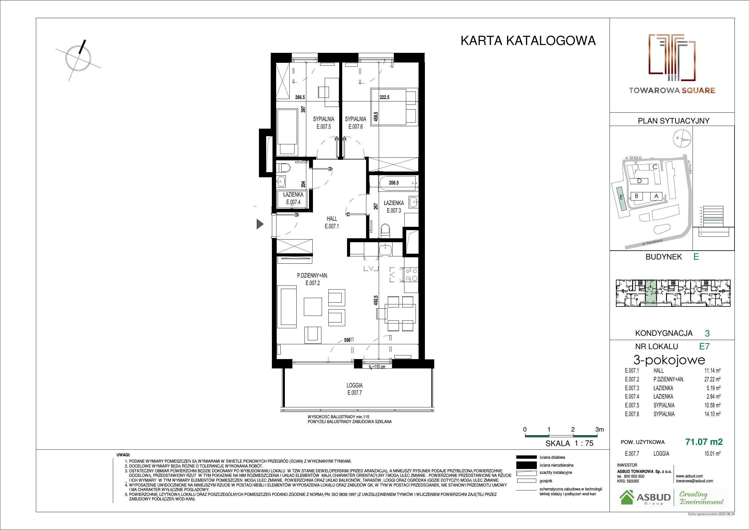 3 pokoje, mieszkanie 71,07 m², piętro 2, oferta nr E.007, Towarowa Square, Warszawa, Wola, Czyste, ul. Towarowa