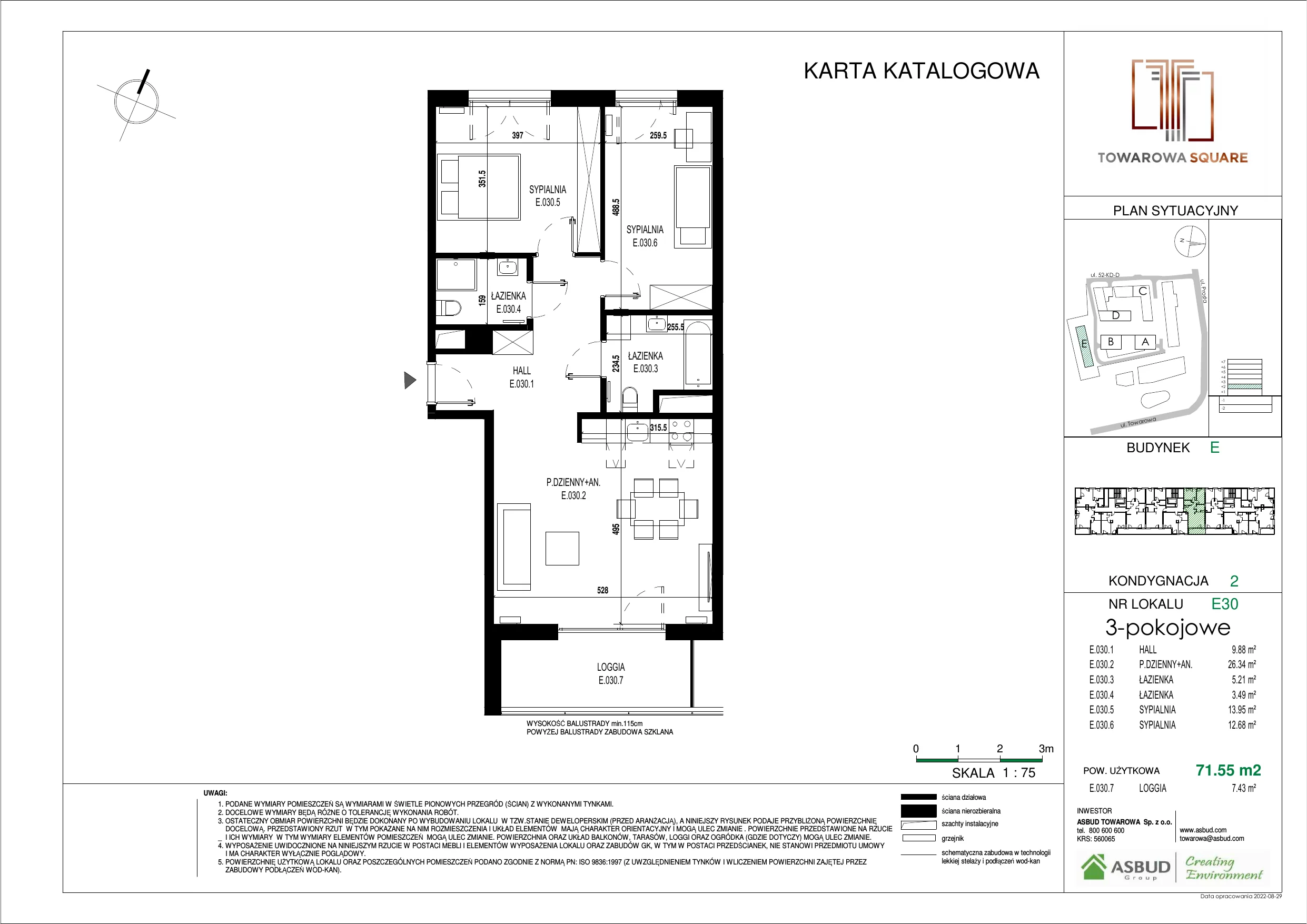 3 pokoje, mieszkanie 71,55 m², piętro 1, oferta nr E.030, Towarowa Square, Warszawa, Wola, Czyste, ul. Towarowa